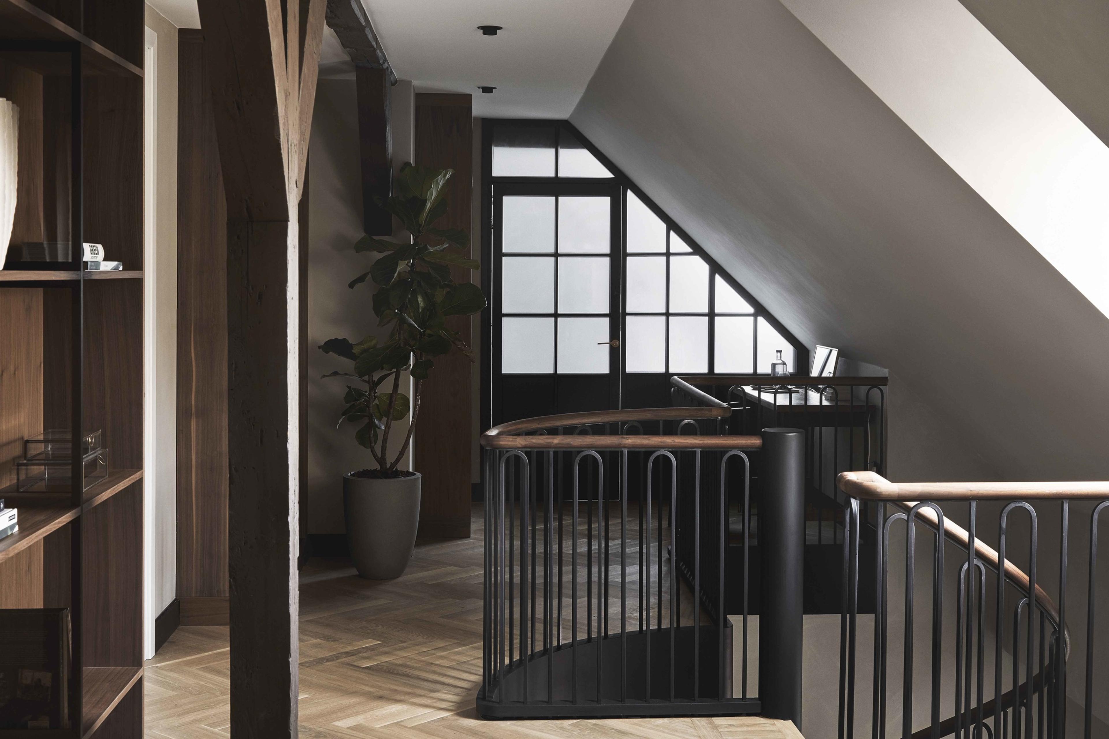 A curved staircase landing with a black iron railing and timber handrail, a tall potted fig tree, herringbone wood flooring and a sloped ceiling lit by a dormer window.