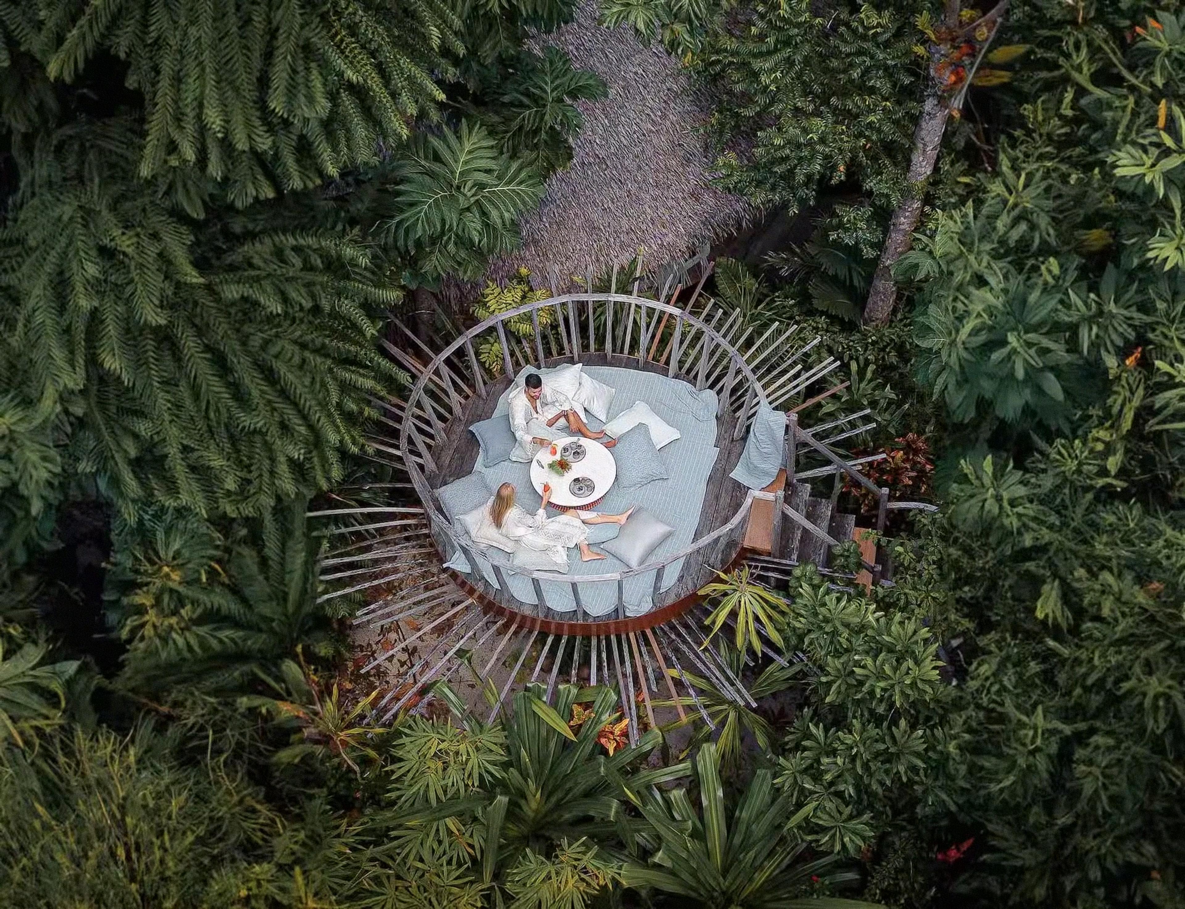 A circular woven daybed built into the treetops, with two people in robes having breakfast, seen from directly above.