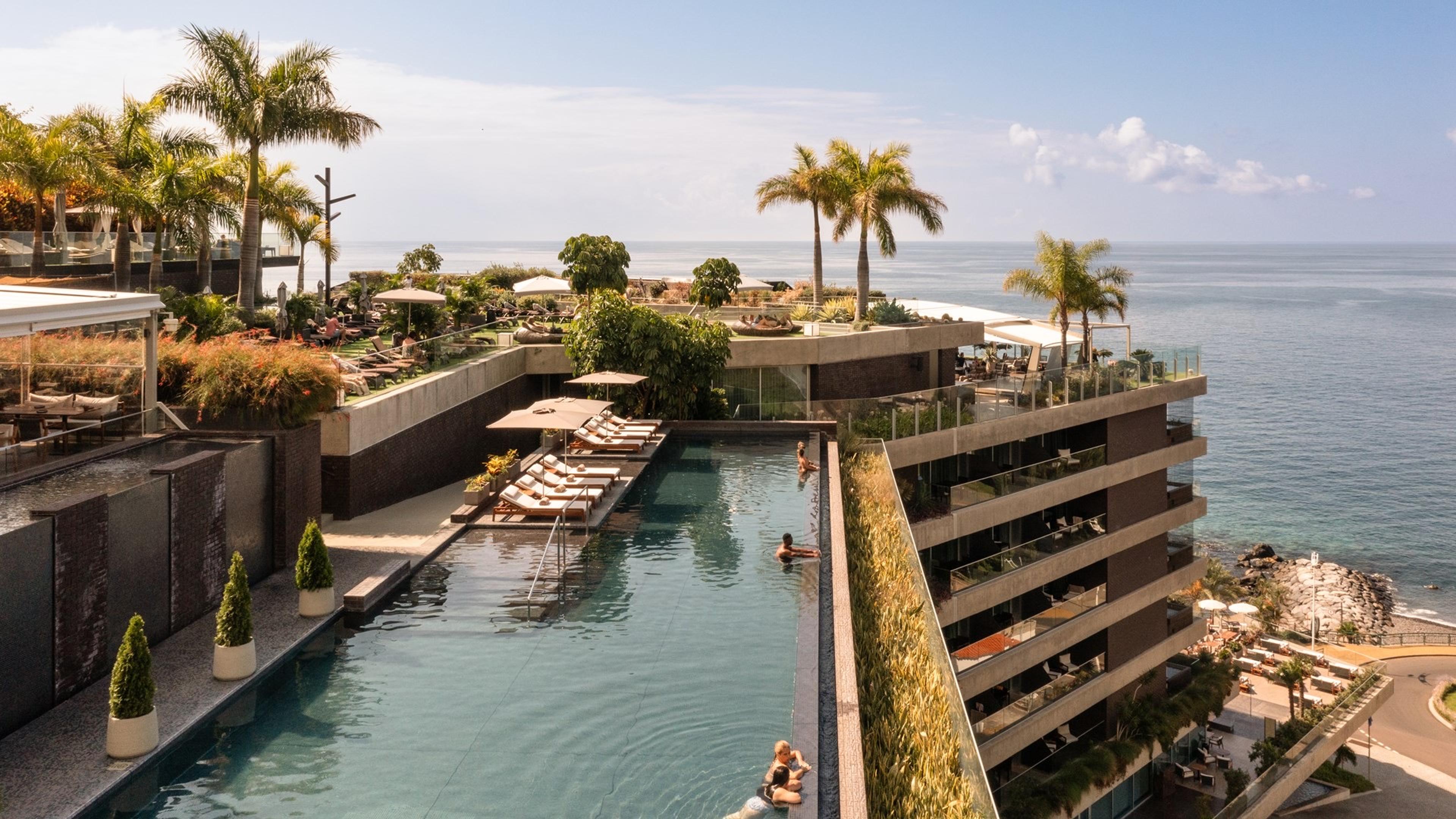 A rooftop infinity pool lined with palm trees and sun loungers, with two swimmers in the water and the ocean beyond.