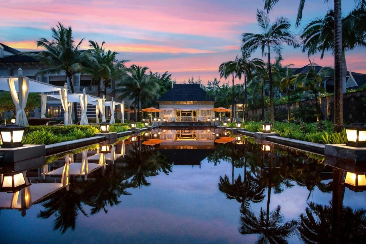 A pool at dusk framed by palms