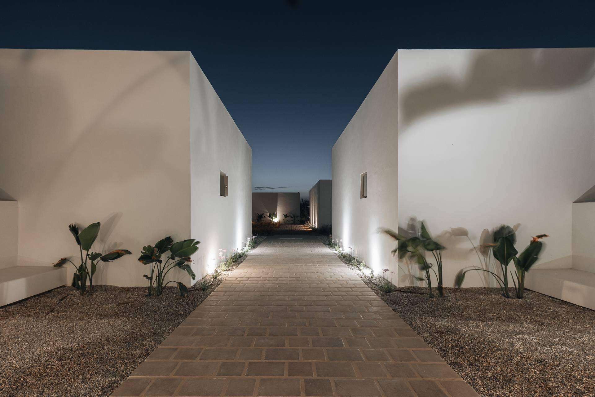 A paved path lit at night, leading between two tall white walls toward buildings beyond, with plants either side.