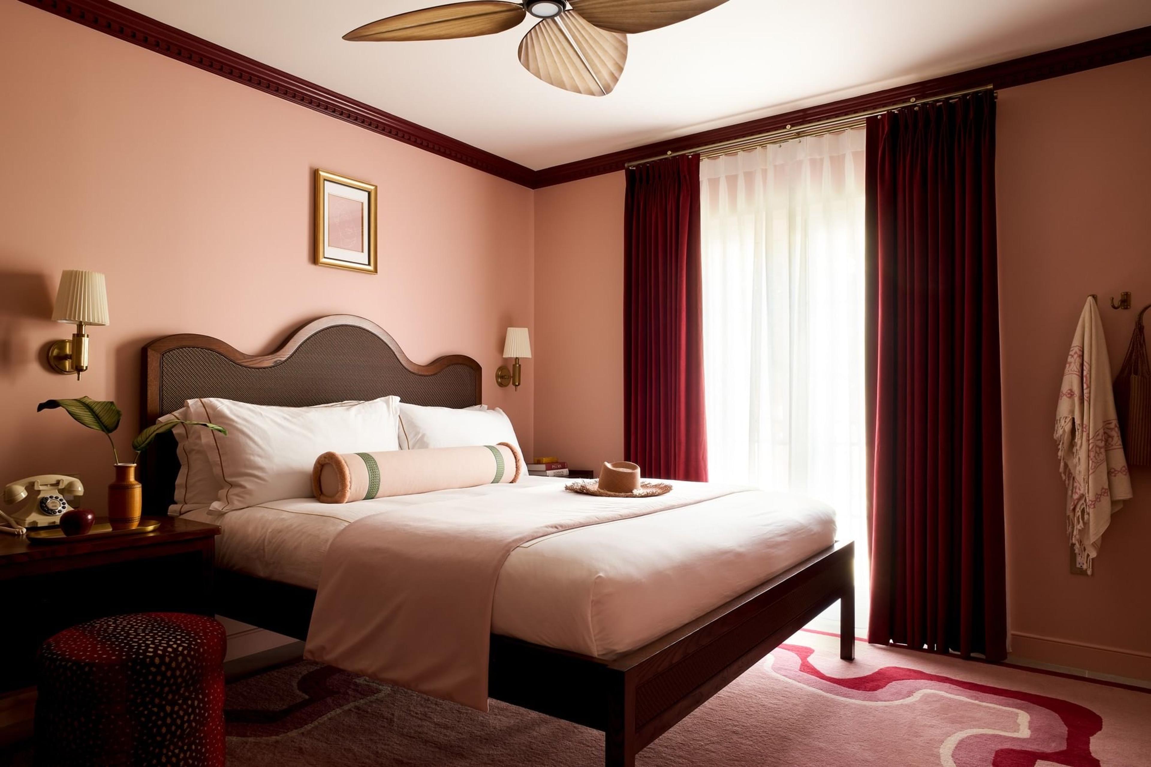 A bedroom with coral pink walls, a dark wood bed with white linens, a ceiling fan, and a nightstand holding a vintage telephone.