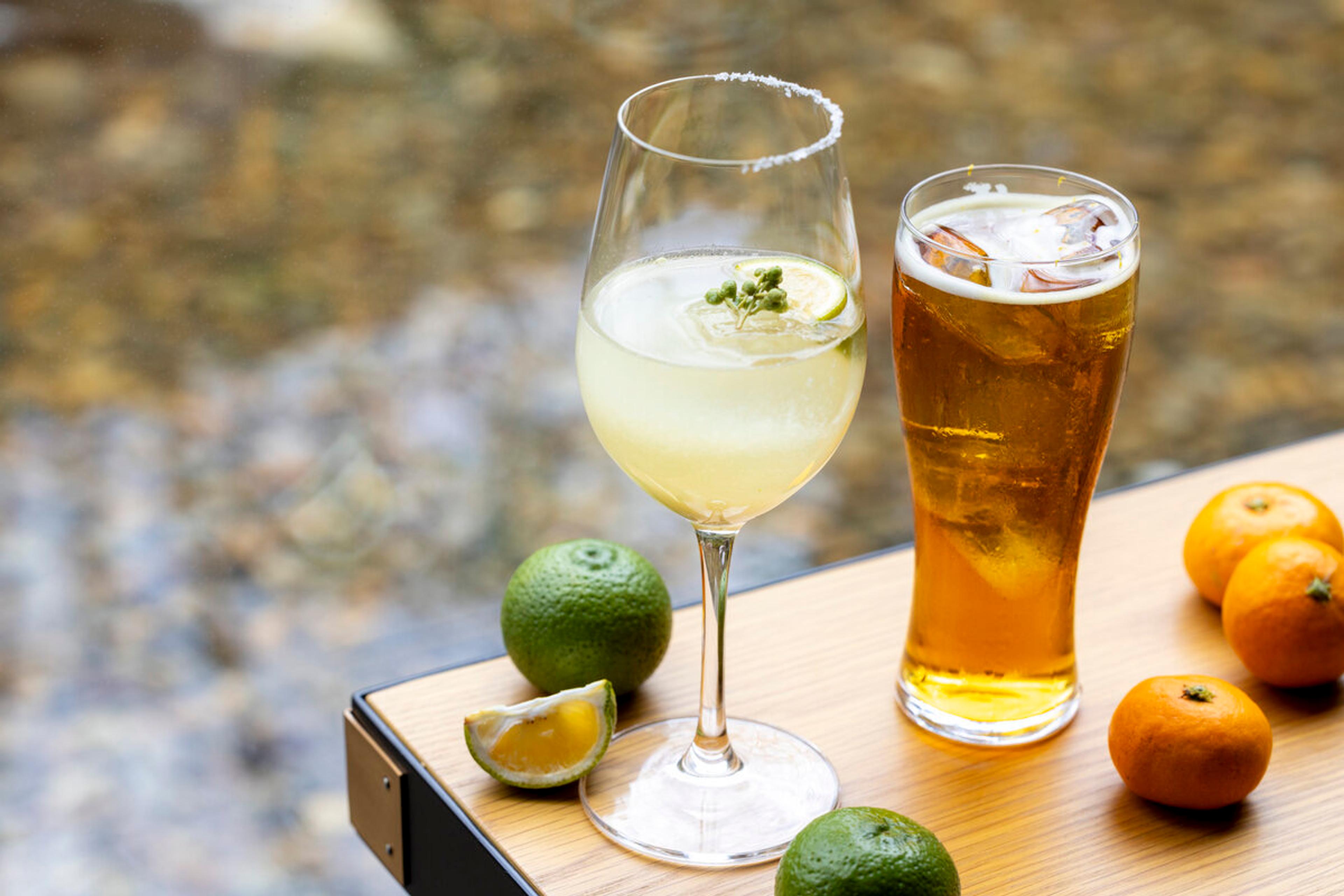 A glass of white wine with a salted rim and a glass of beer with ice on a wooden tray, beside whole and cut citrus fruit, with a blurred stream in the background.