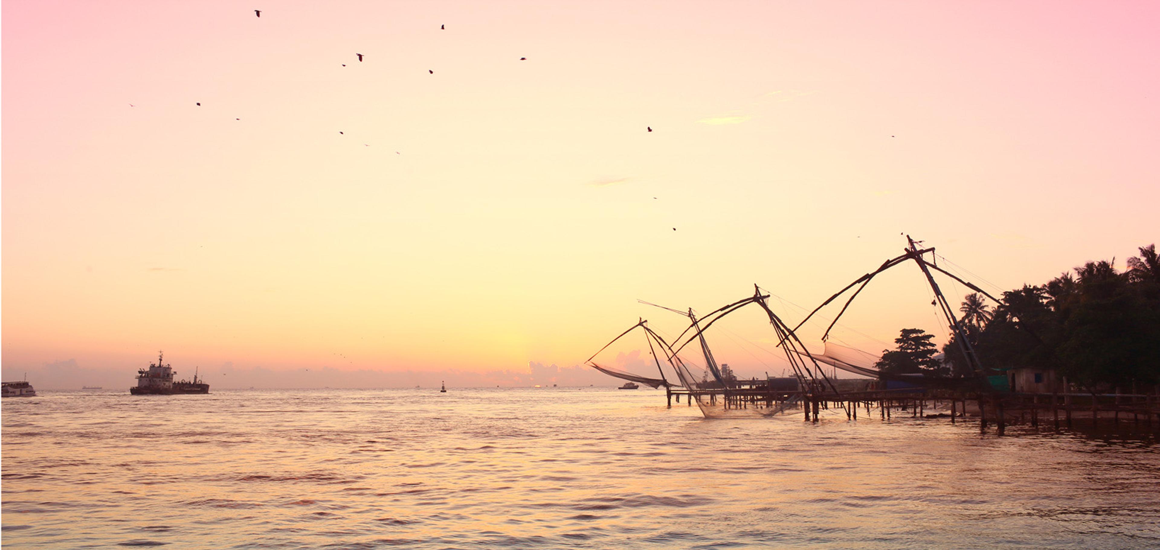 A wide view of the sea at sunset with traditional Chinese fishing nets, boats and birds silhouetted against a pink sky.