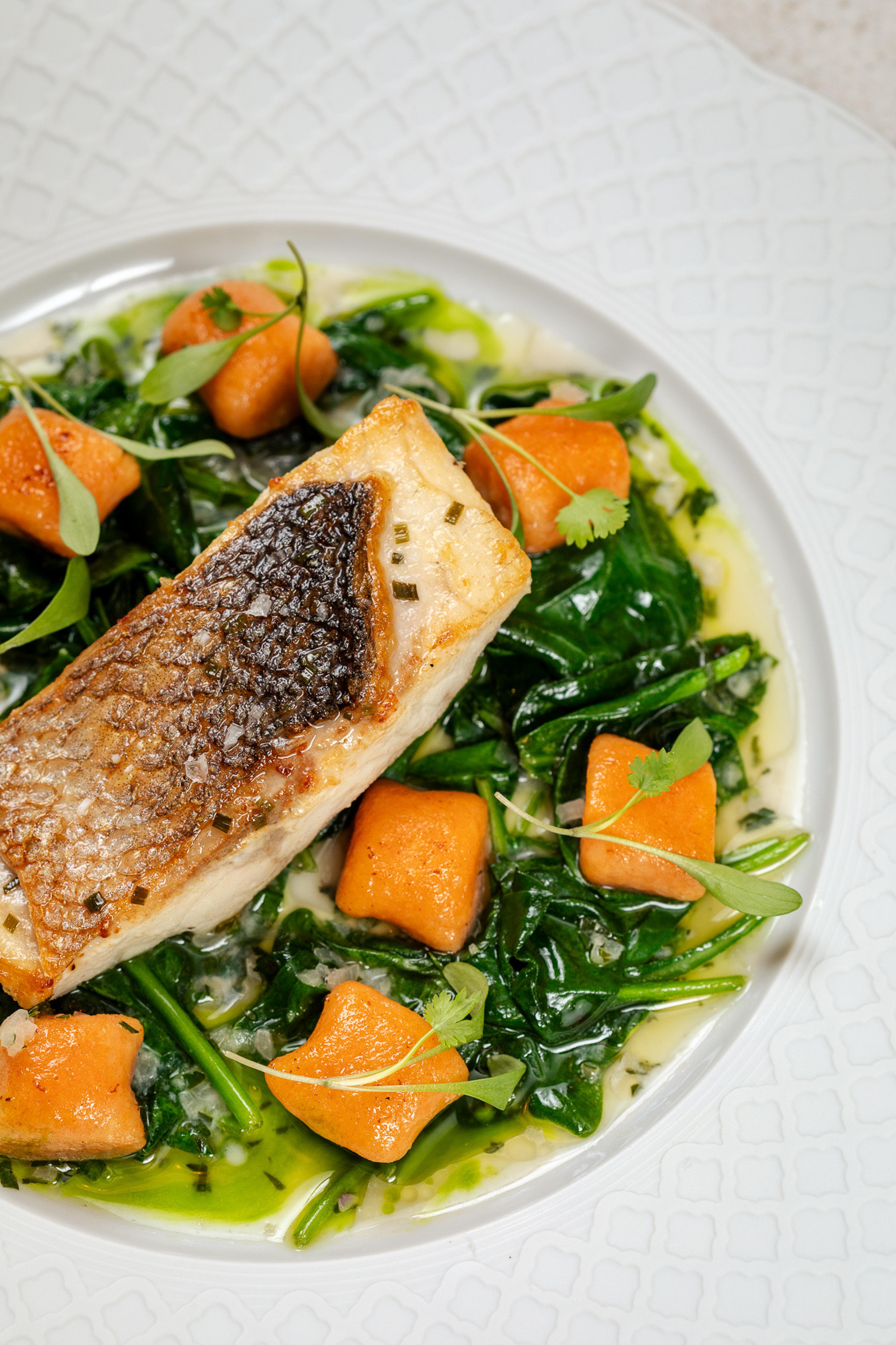 A pan-seared fish fillet with crisp skin, served over spinach and orange gnocchi in a light broth.