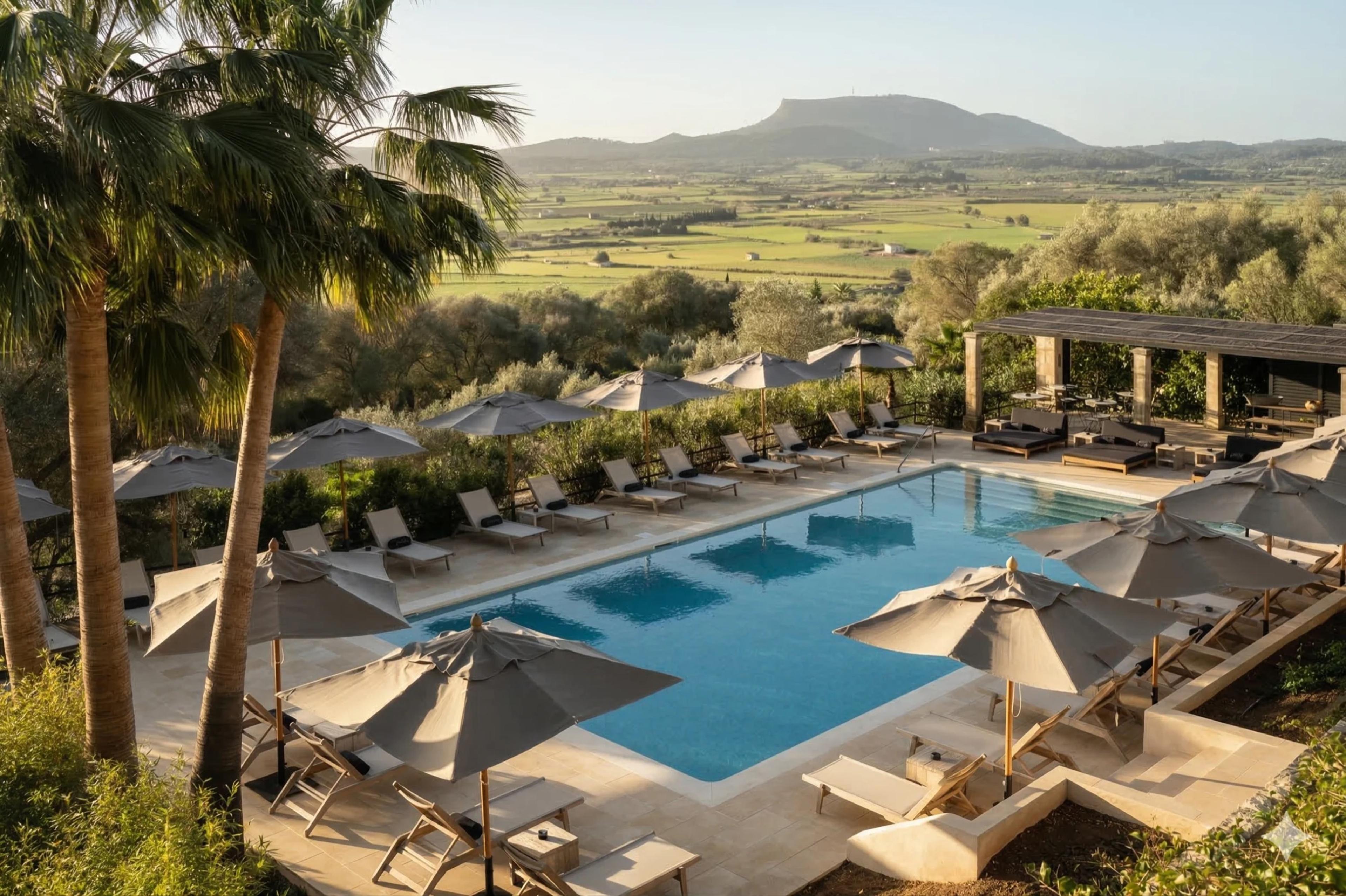 A swimming pool with sun loungers and umbrellas on a terrace, framed by palm trees, overlooking farmland and a mountain.