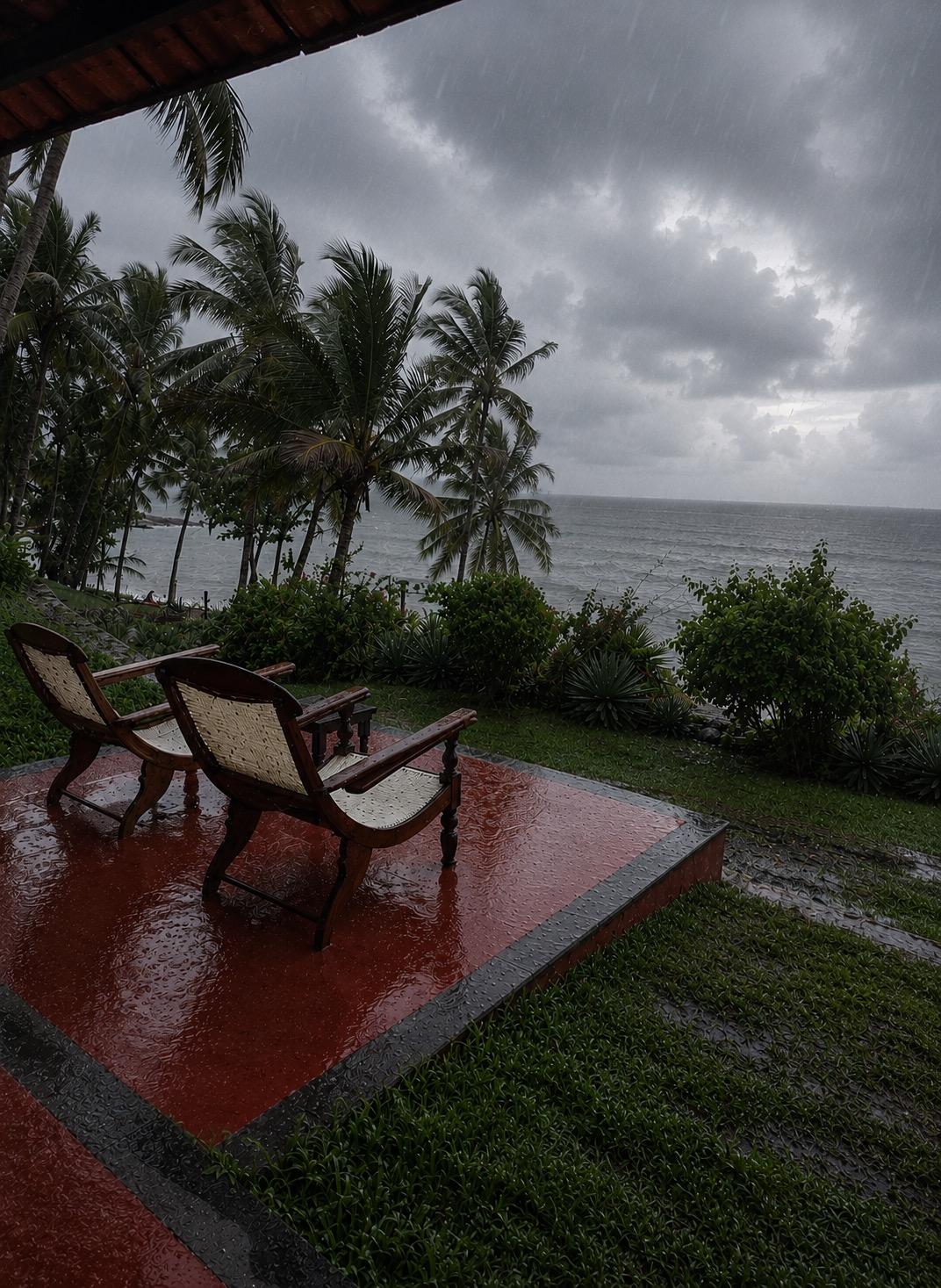two wooden and cane chairs on a covered veranda facing palm trees and the sea in the rain