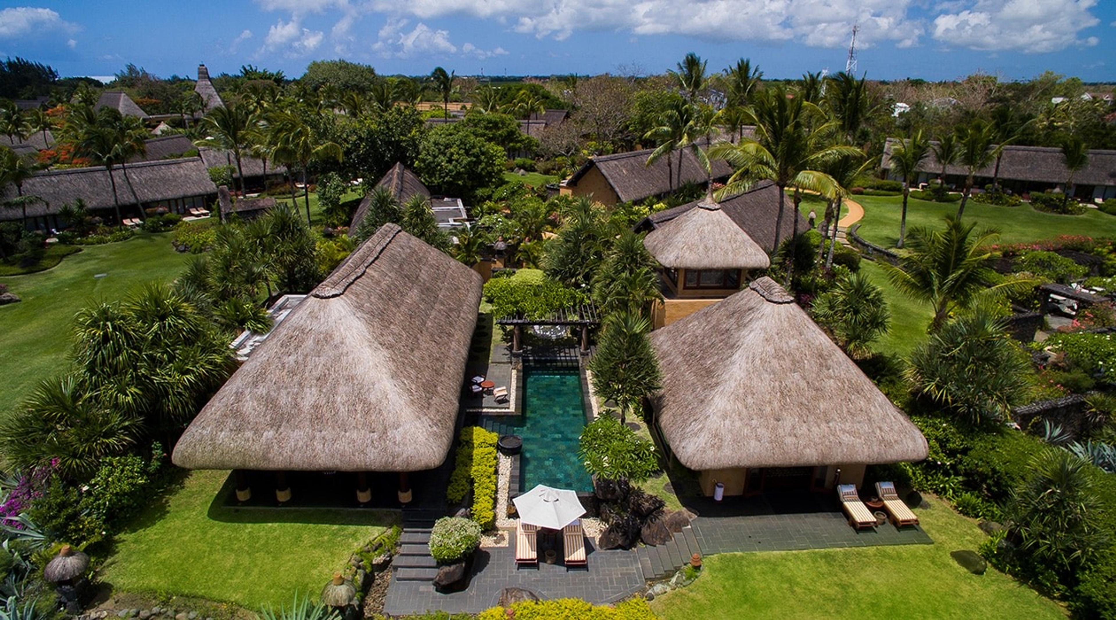 An aerial view of two steep thatched-roof villas joined by a narrow pool, set among palm trees and lawns.