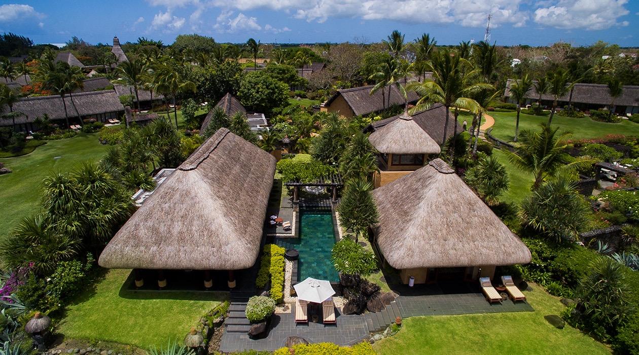 An aerial view of two steep thatched-roof villas joined by a narrow pool, set among palm trees and lawns.
