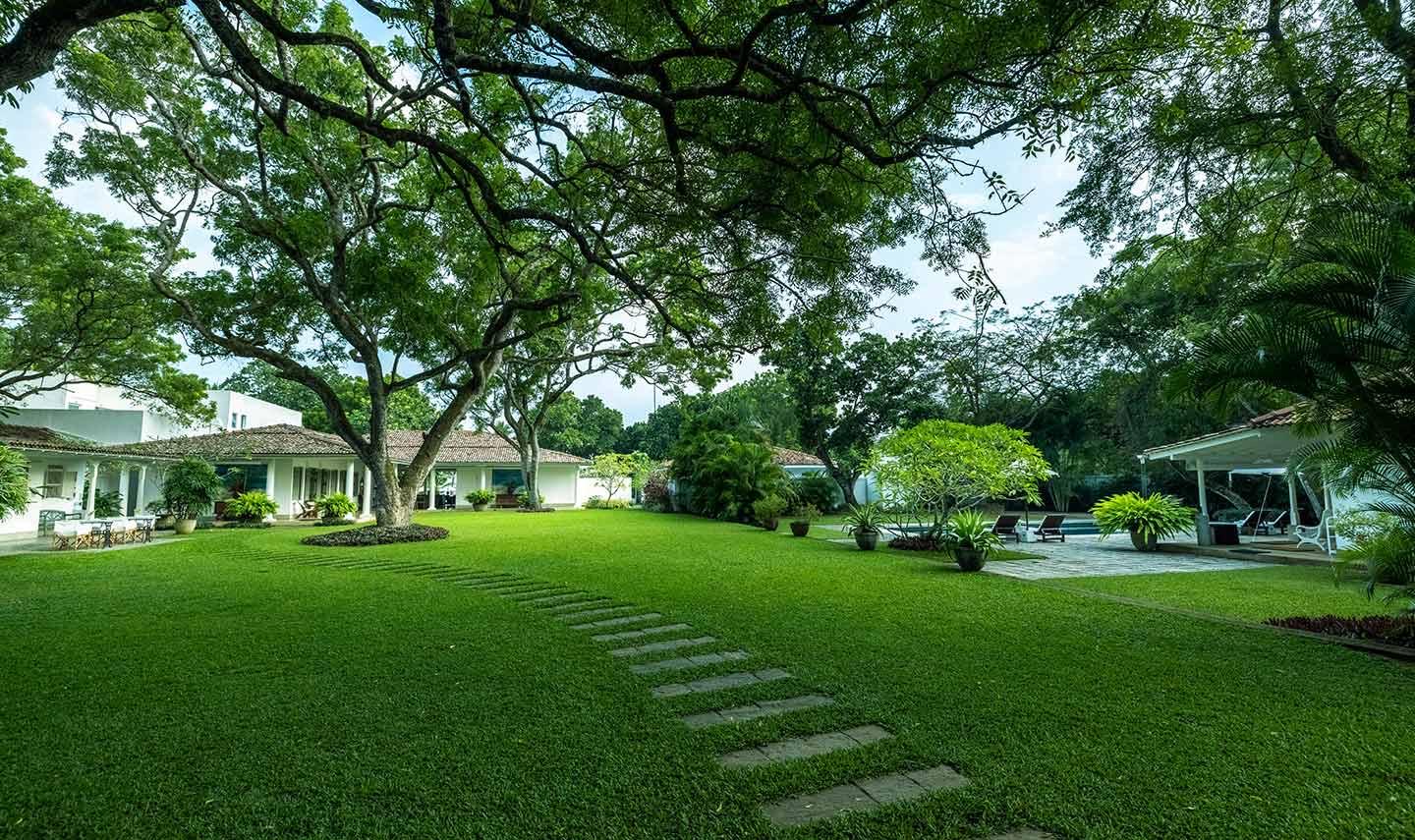 In daylight, a lawn with a line of stepping stones running toward a low white house, with a pergola and a pool on the right.