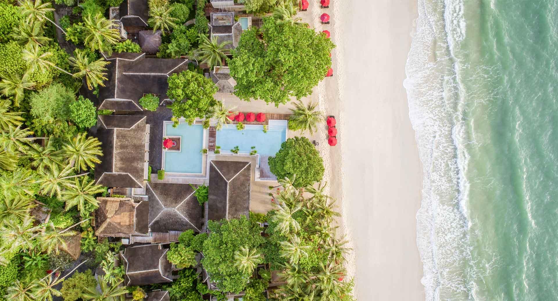 Thatched-roof buildings and a swimming pool seen directly from above, surrounded by palm trees next to a white sand beach.