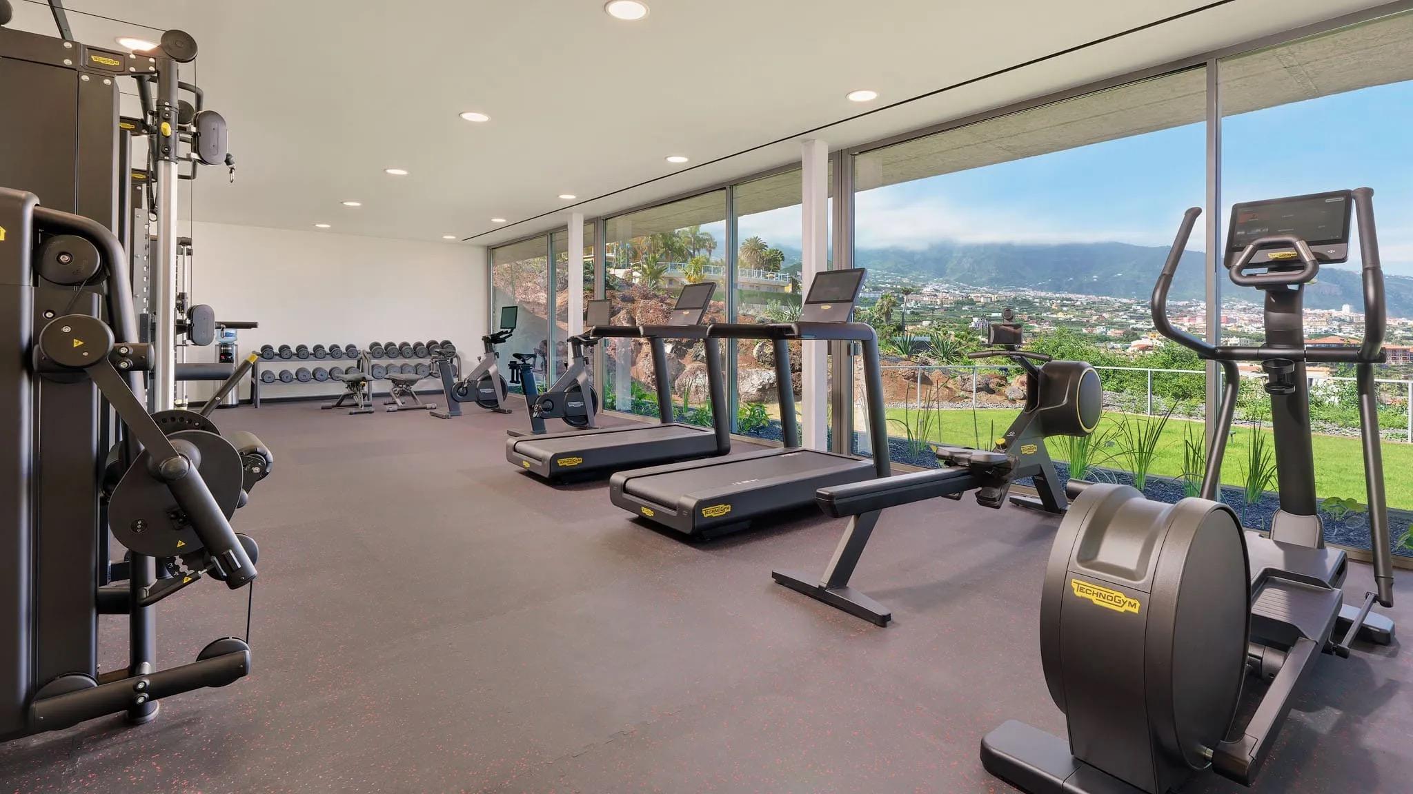 A hotel gym with treadmills and weight machines along a glass wall overlooking the town, hills, and coastline.