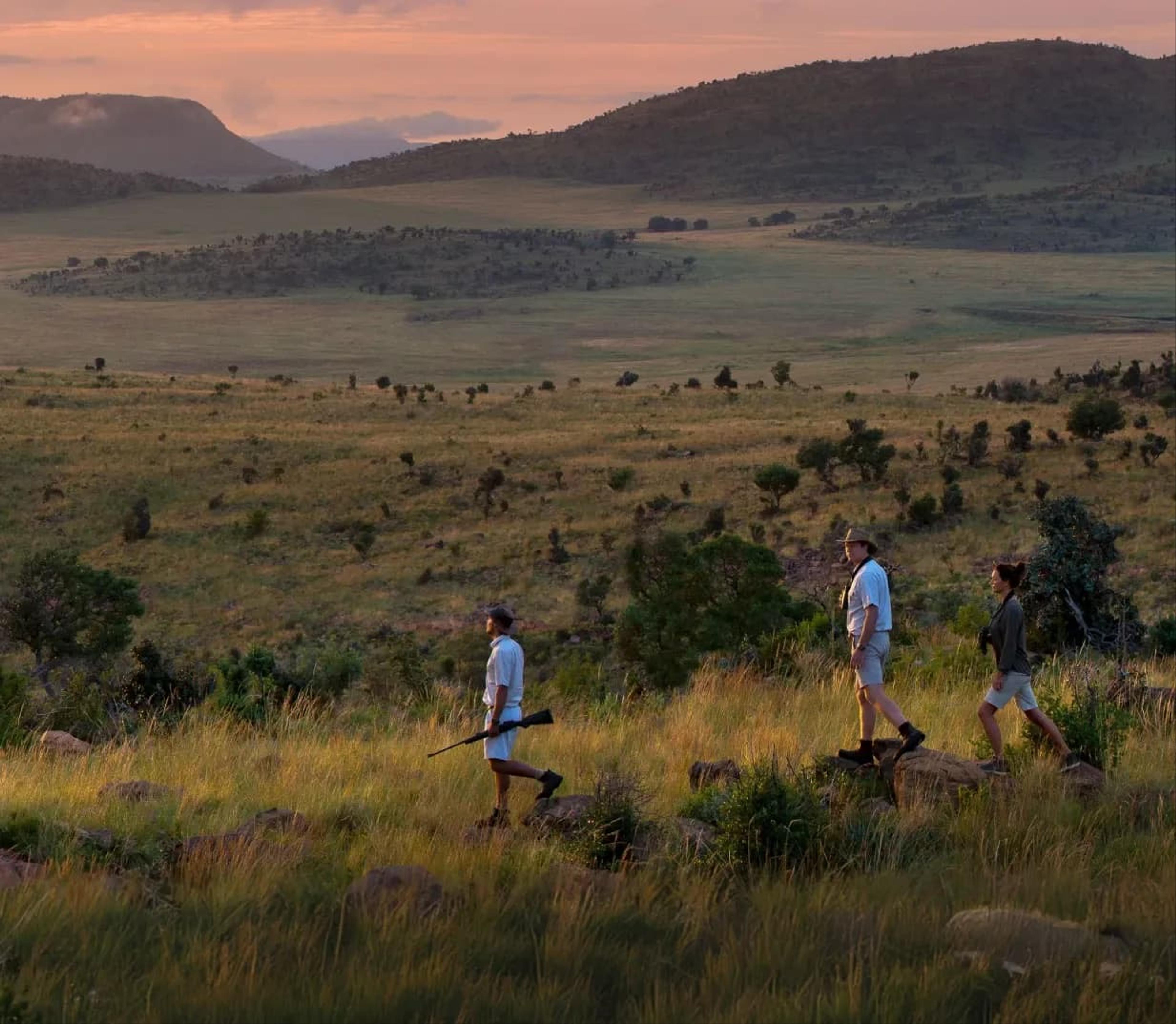 Three people walking through long grass at sunset, the nearest carrying a rifle, with rolling hills behind.
