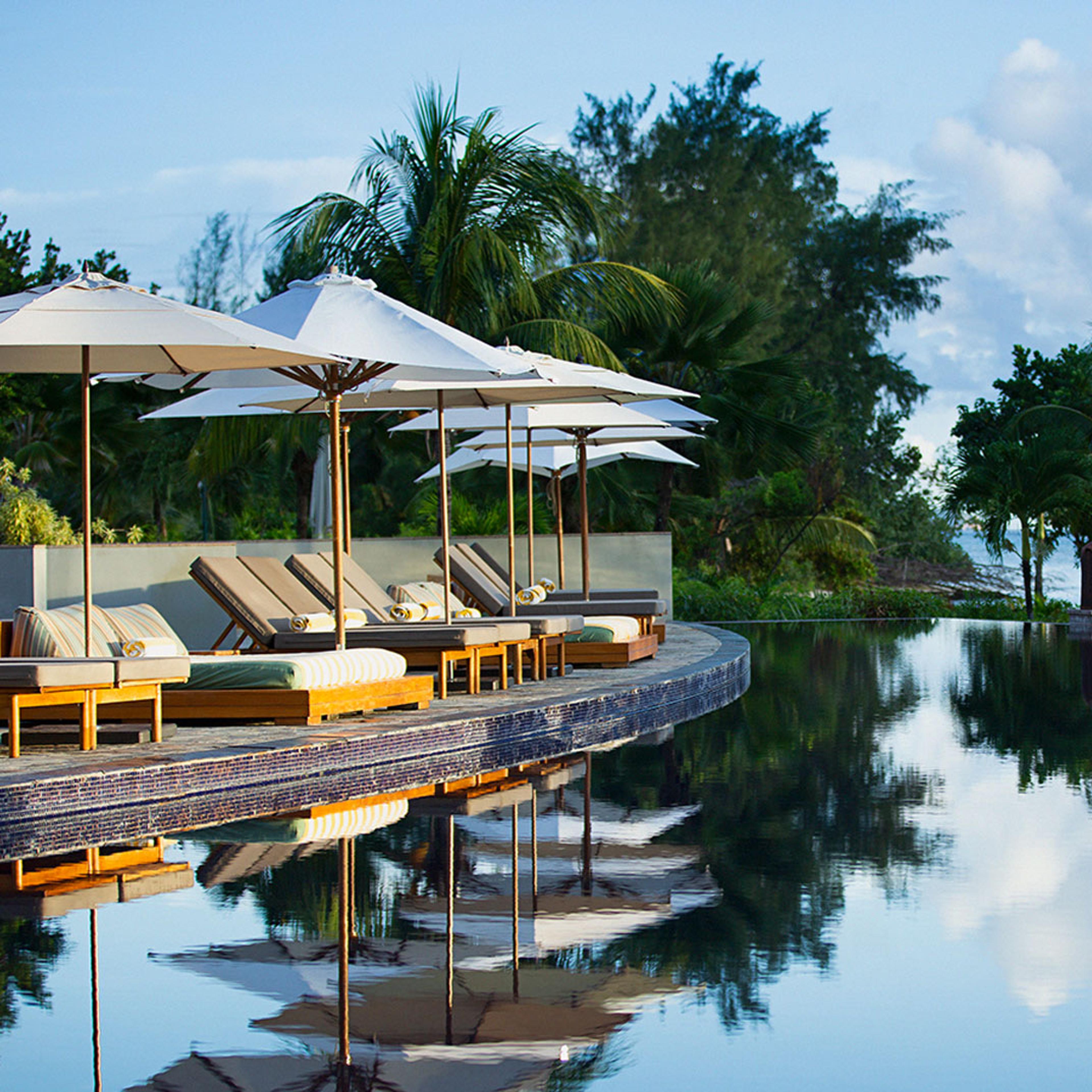 The pool edged with loungers and white umbrellas, reflecting the palms