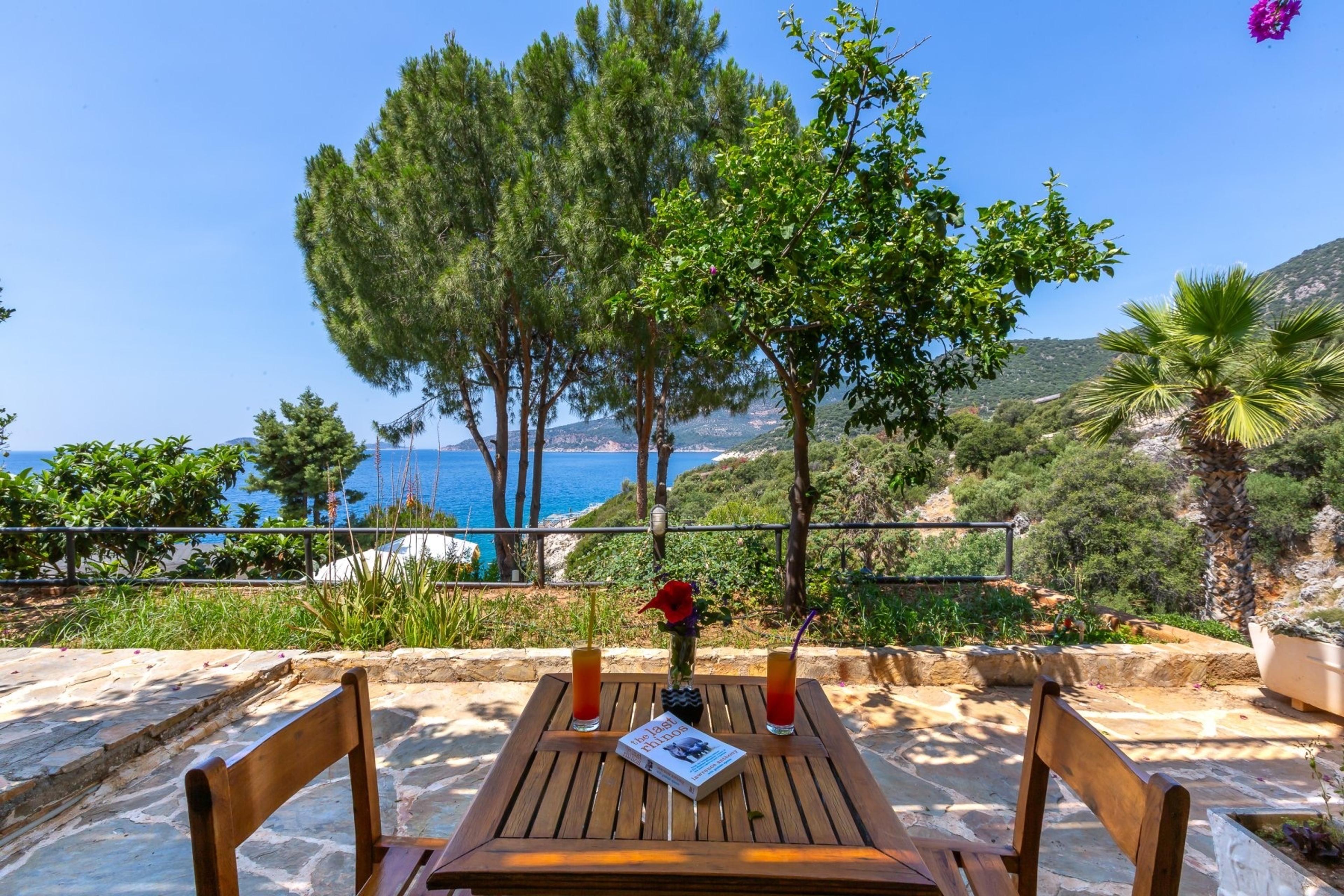 A wooden outdoor table with two iced cocktails and an open book, set on a stone terrace among pine trees with the sea beyond.