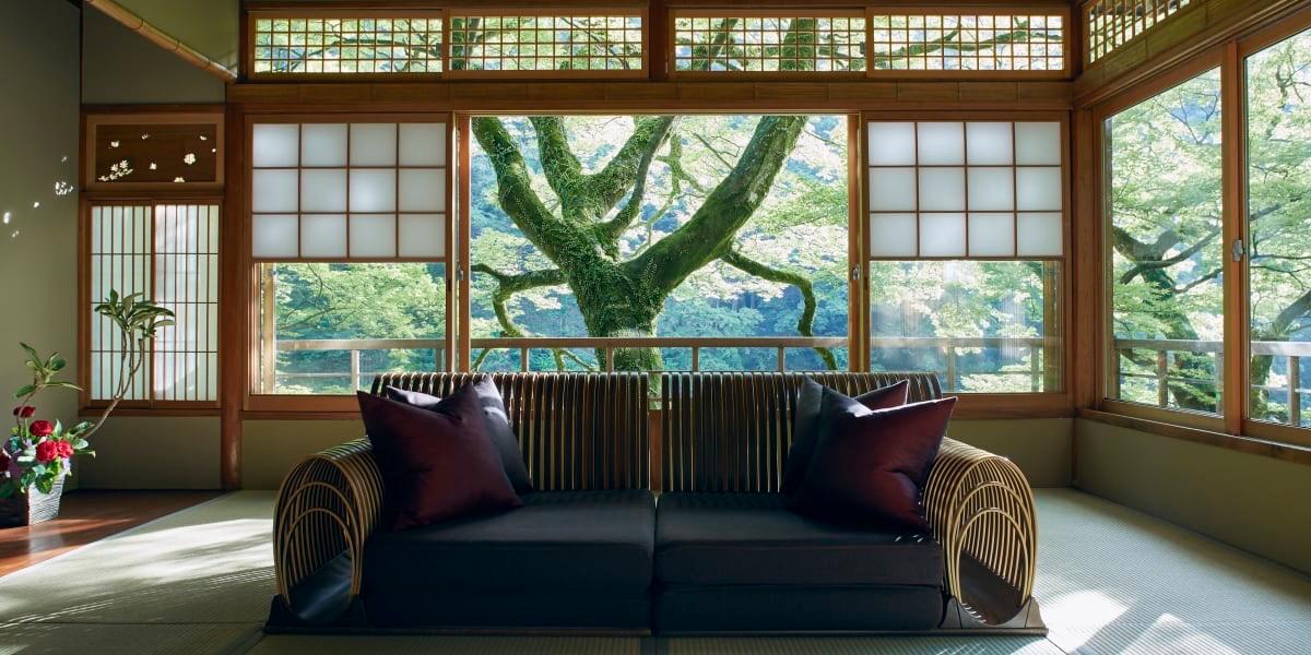 A low sofa facing a wide window framed in paper screens, the trunk of an old tree filling the view
