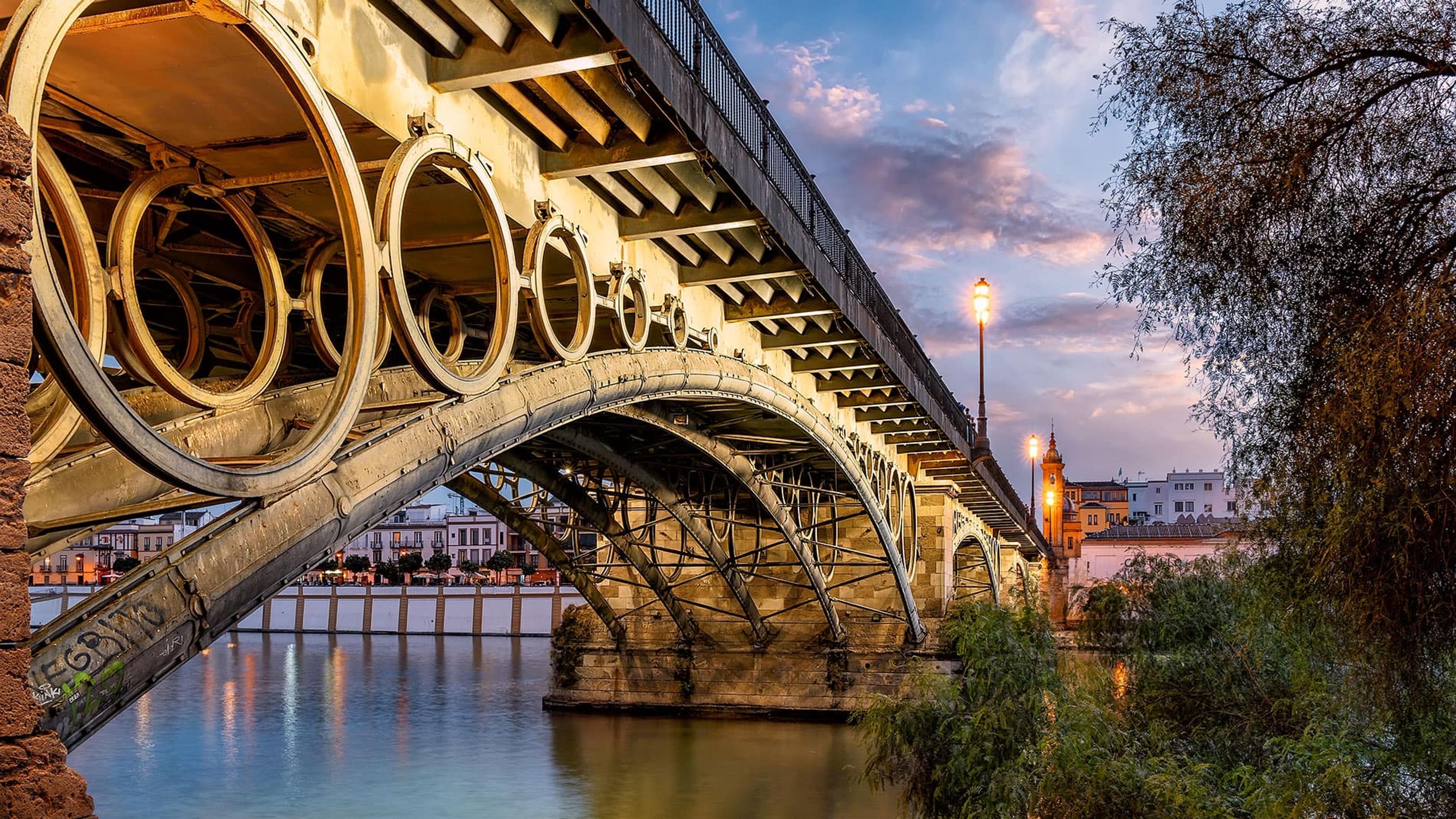 The arched ironwork of a bridge over a river at dusk, with a town and street lamps beyond.