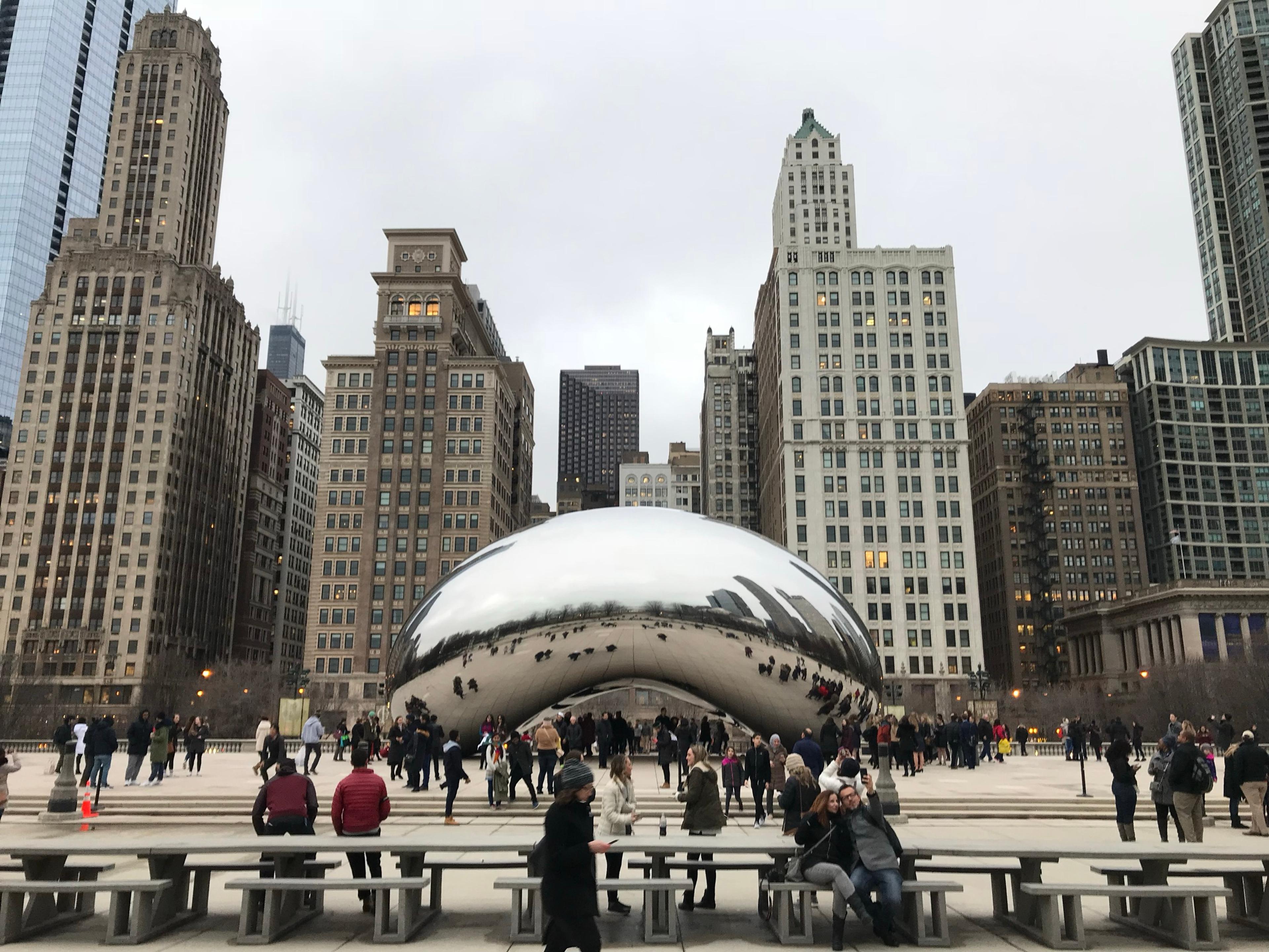 Cloud Gate in Millennium Park, reflecting the towers along Michigan Avenue on a grey February afternoon