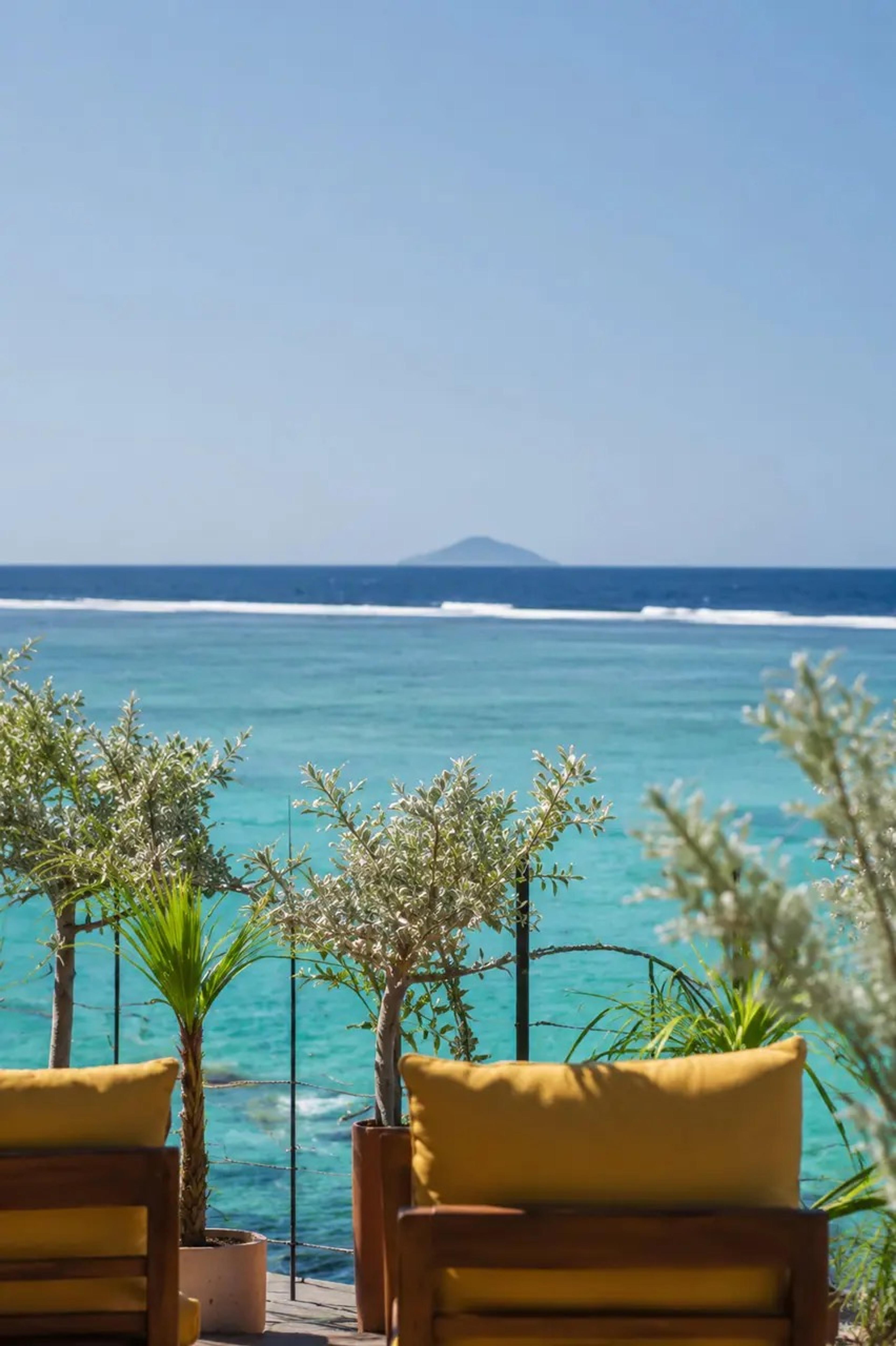 Yellow cushioned chairs and potted shrubs frame a view of the turquoise ocean and a distant island from a rooftop bar.