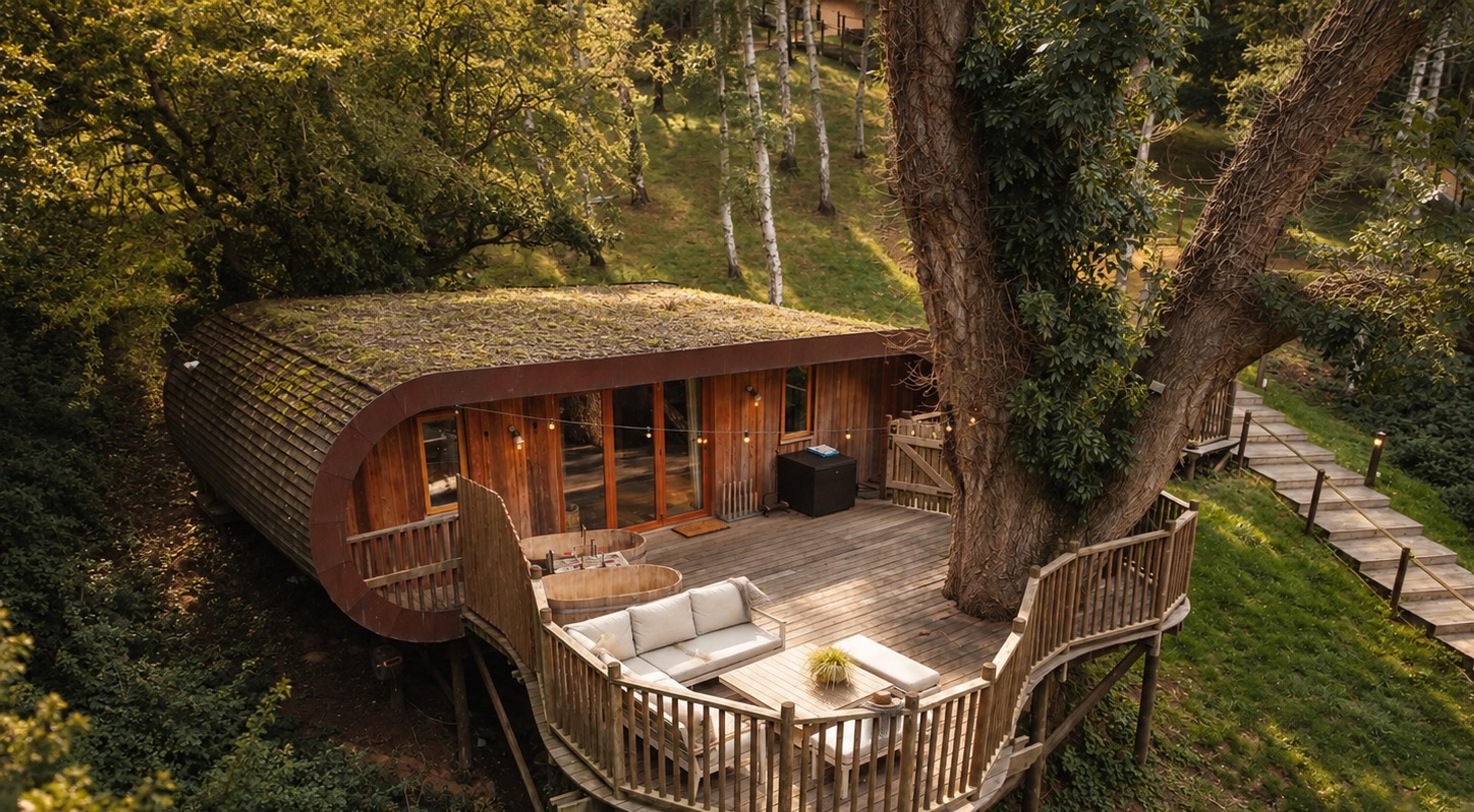 An elevated view of a curved, wood-shingled cabin with a deck, outdoor seating and tub, reached by a timber walkway through the trees.