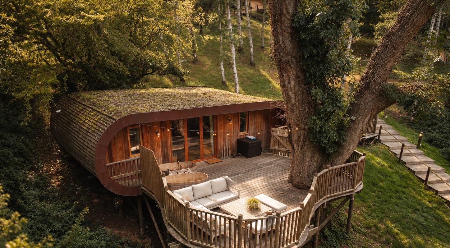 An elevated view of a curved, wood-shingled cabin with a deck, outdoor seating and tub, reached by a timber walkway through the trees.