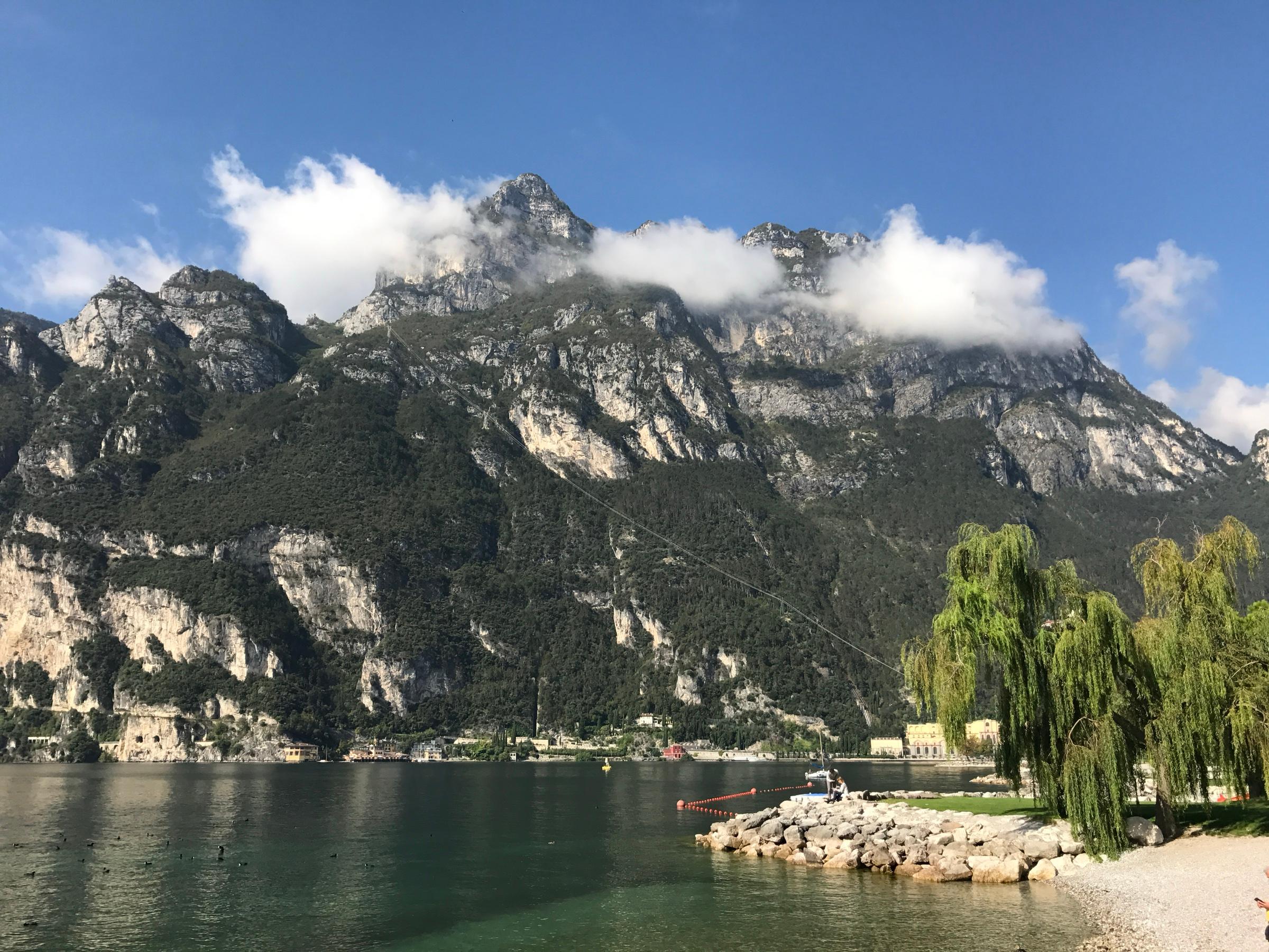 Mountains rising straight out of Lake Garda at Riva, its northern tip, clouds on the summits and willows on the shore