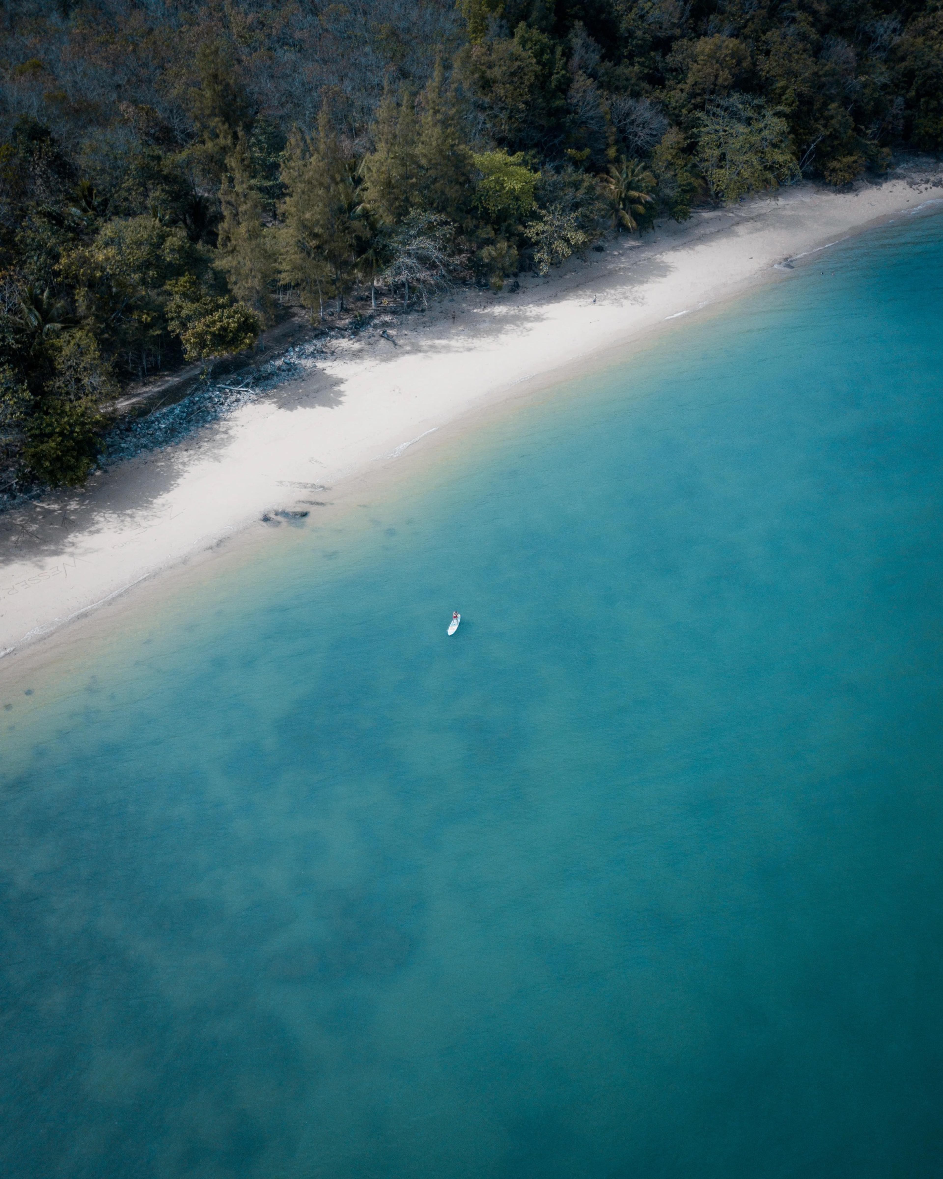 An aerial view of a paddleboarder on clear turquoise water close to a sandy beach lined with trees.