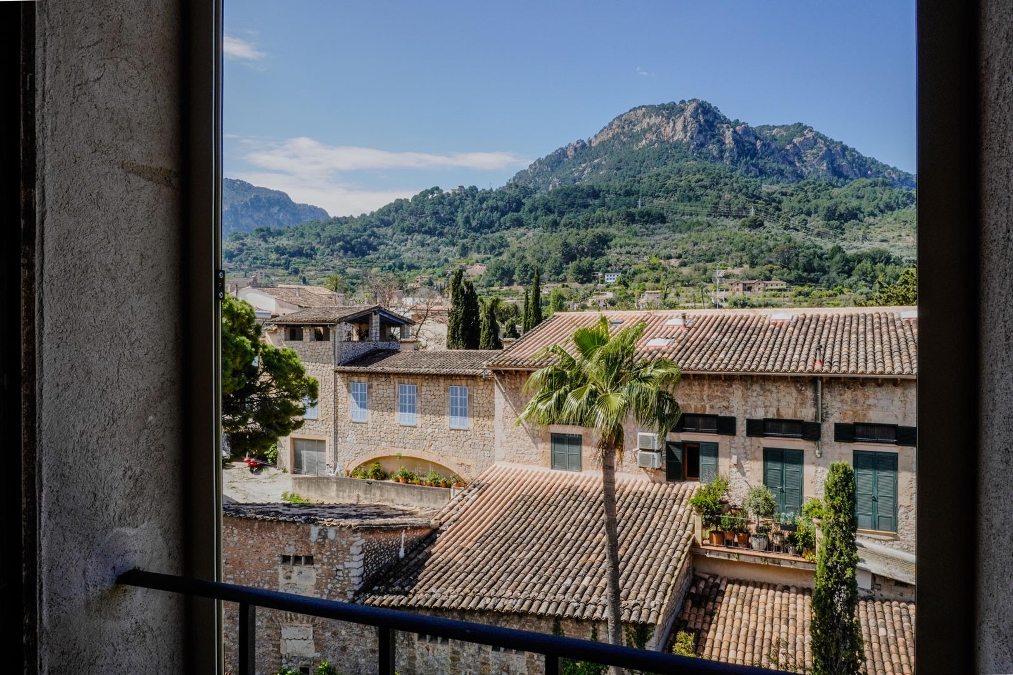 Terracotta rooftops and a palm tree seen through an open window, with a stone bell tower and a forested mountain rising behind under a clear sky.