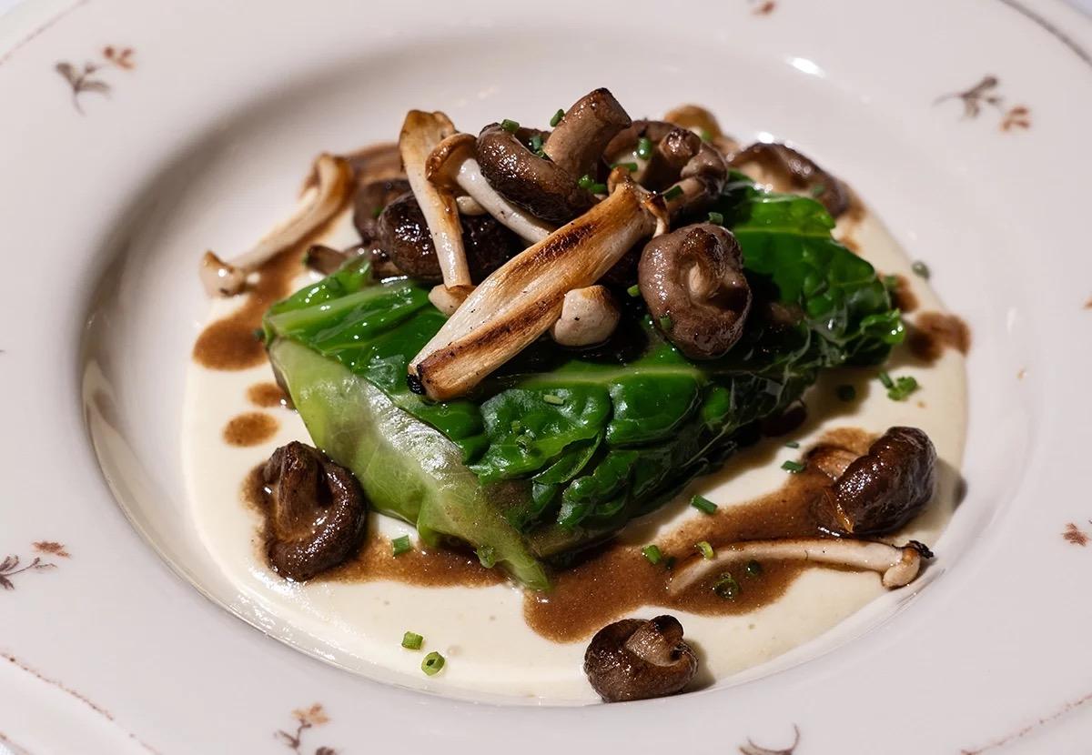 A plated dish of braised greens and roasted mushrooms over a cream sauce, on a floral-rimmed plate.