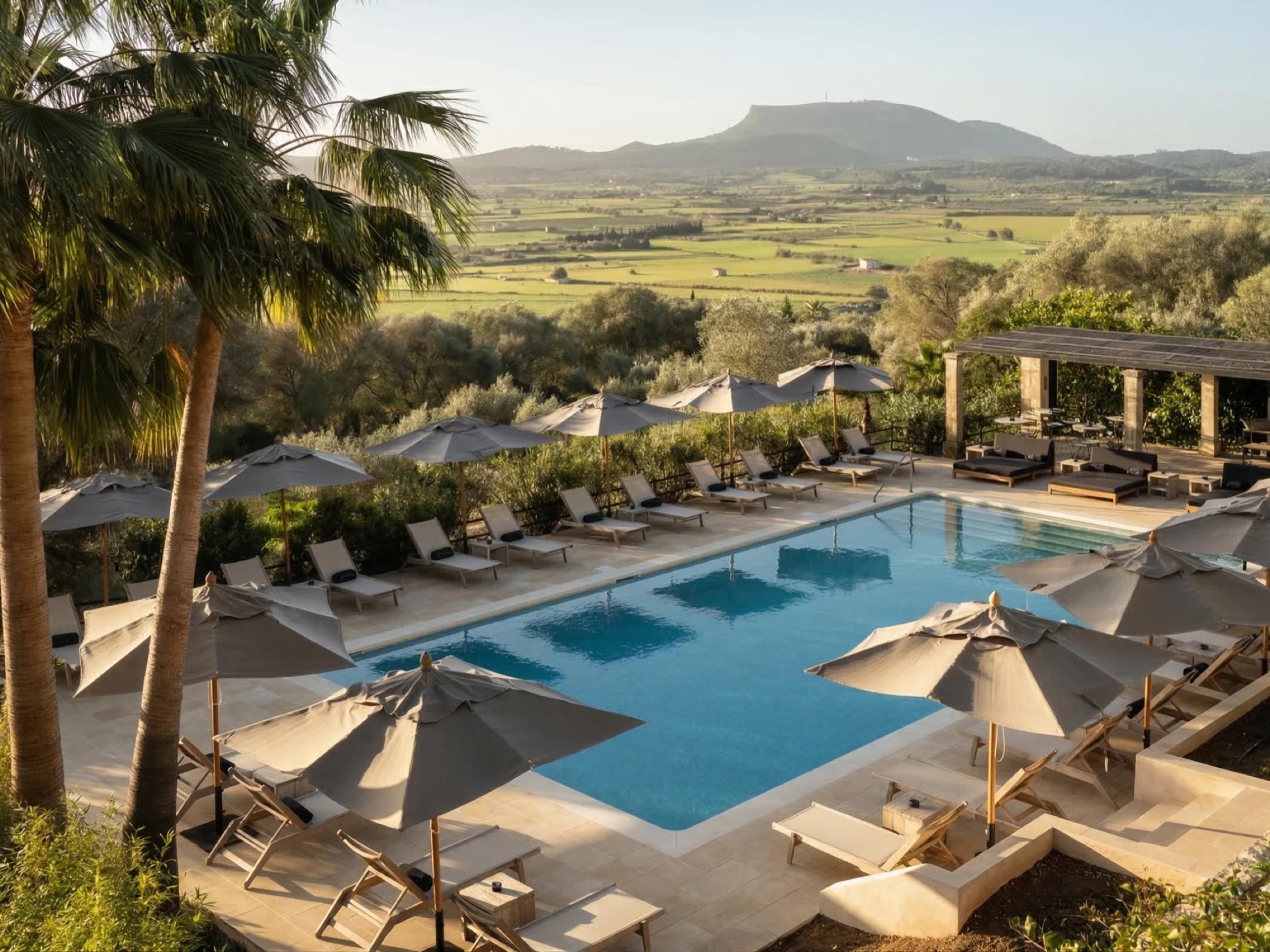 The pool at Finca Serena among palms and umbrellas, looking over the farmland of central Mallorca to a flat-topped hill