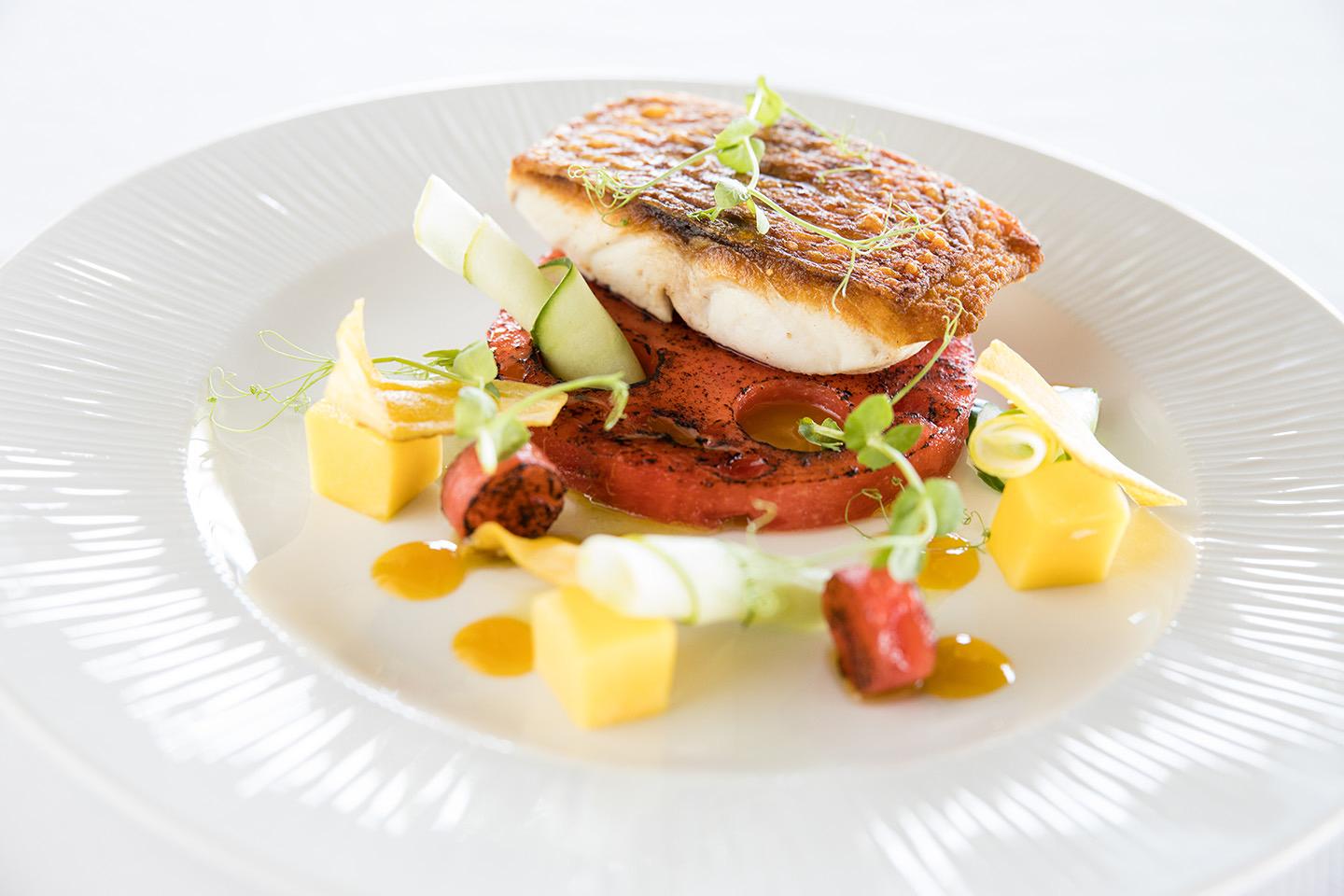 A plated dish of seared fish on a grilled slice of watermelon, with mango cubes, cucumber ribbons and a citrus sauce.