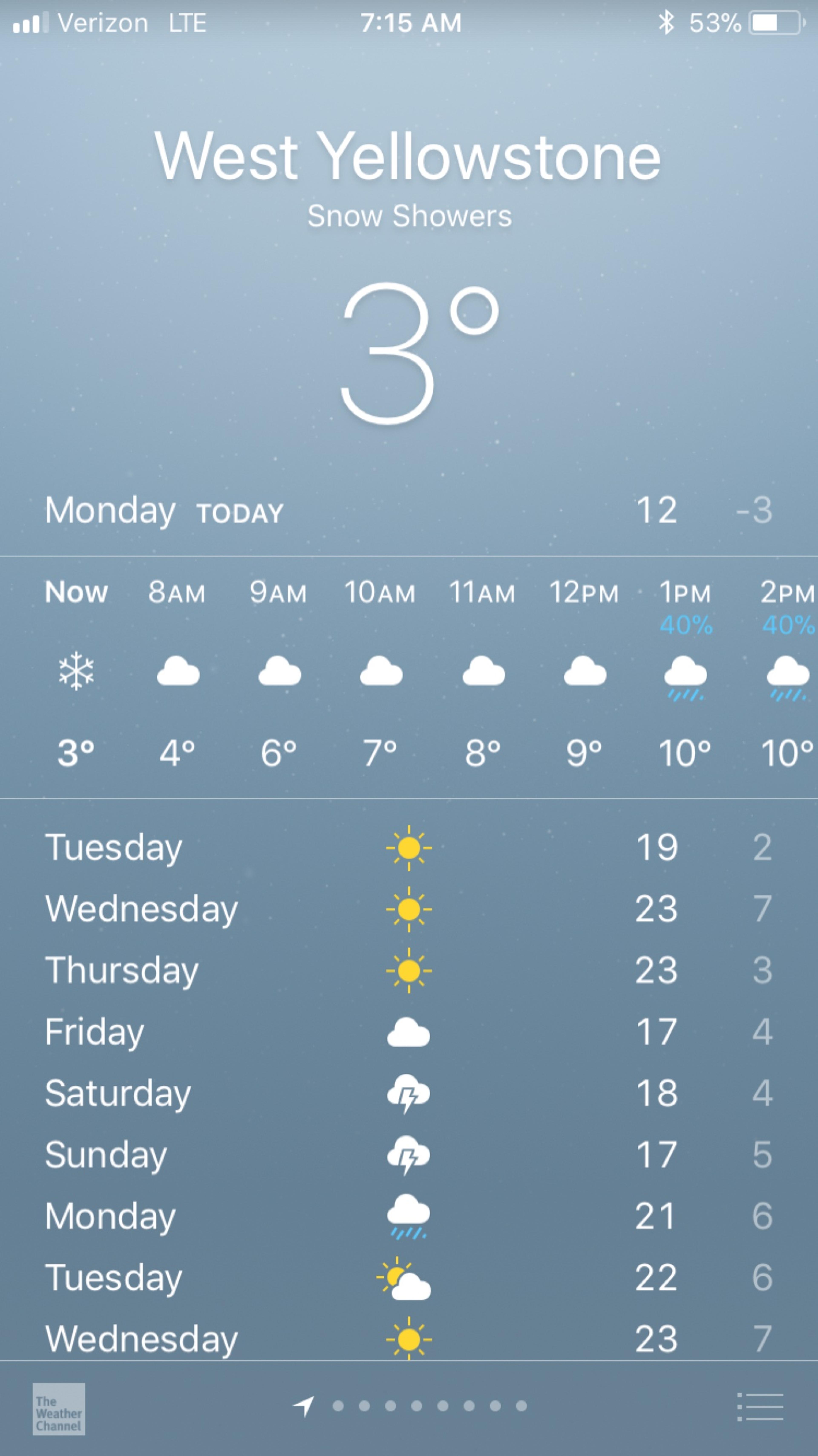 A phone weather screen reading West Yellowstone, snow showers, 3 degrees, with sun forecast later in the week