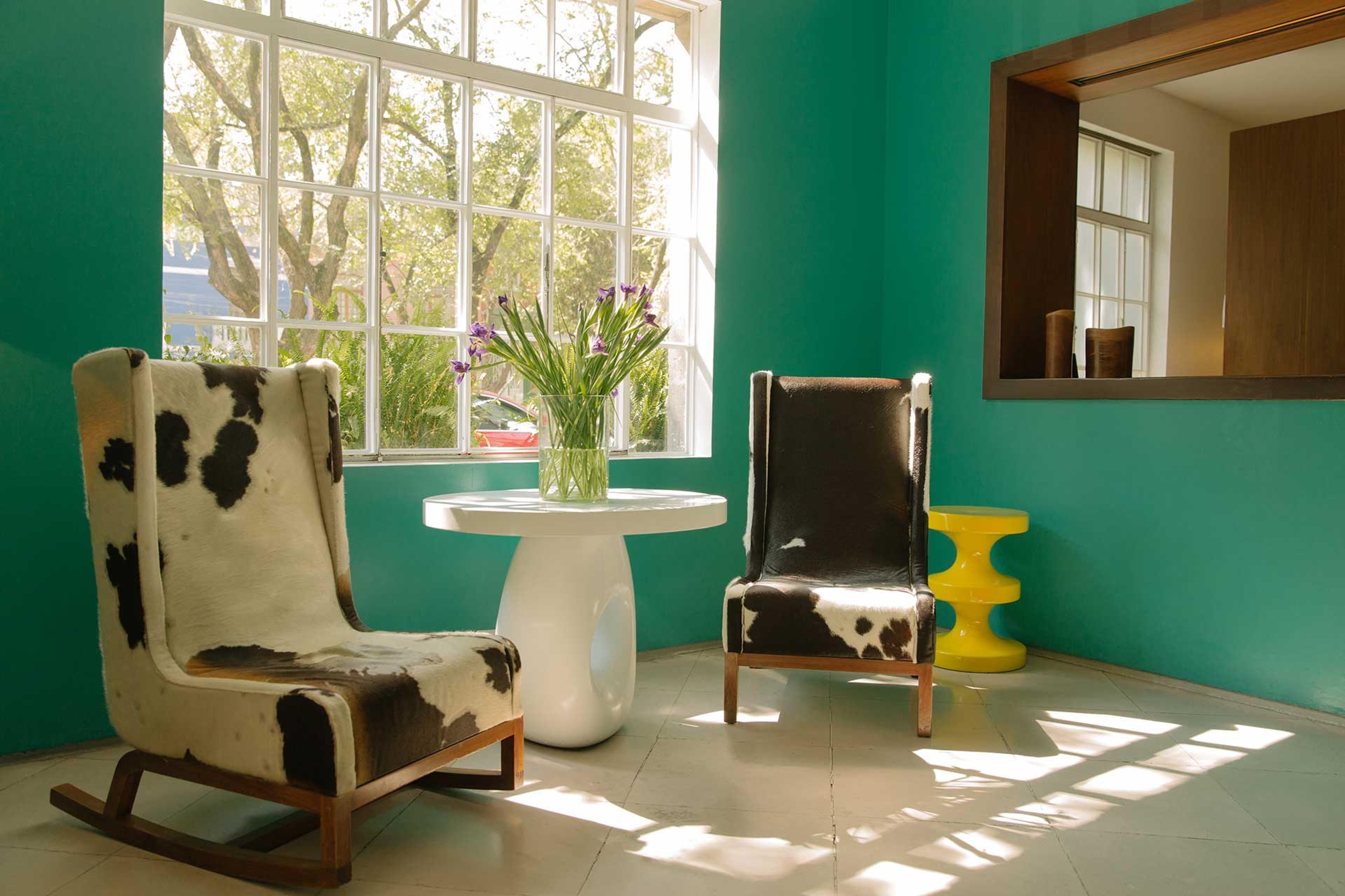 A teal room with two cowhide armchairs either side of a round white table with flowers, a large window onto trees and a mirror on the wall.
