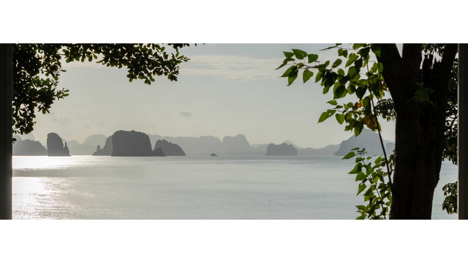 A view through tree branches of limestone sea stacks rising from calm water under a hazy sky.