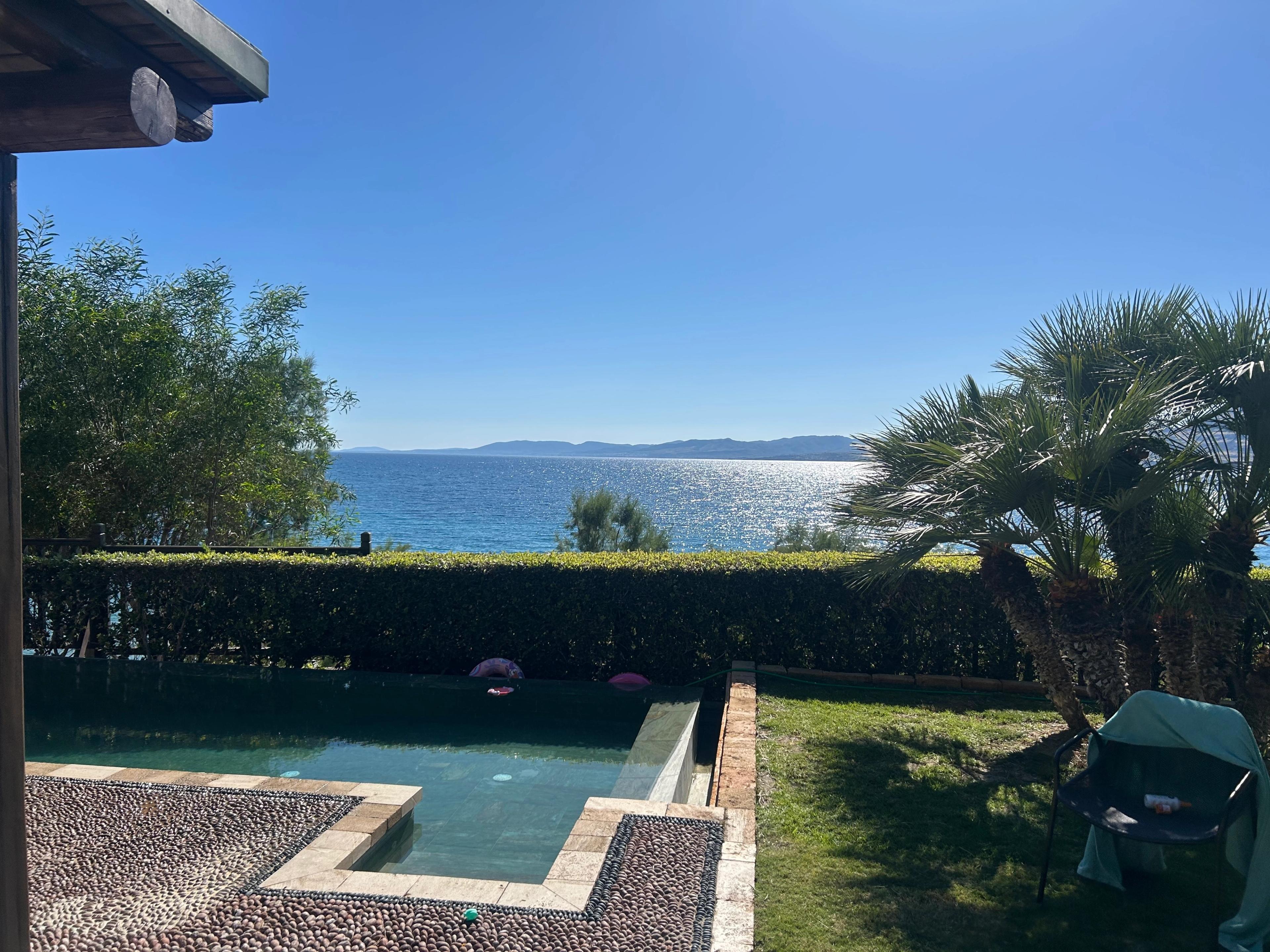 L-shaped infinity-edge pool with a pebble-mosaic surround, palm trees and the sea beyond a clipped hedge