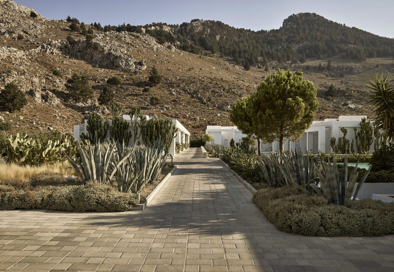 A paved path runs between low white-walled villas, with cacti and agave on either side and a dry rocky hillside rising behind under a clear sky.