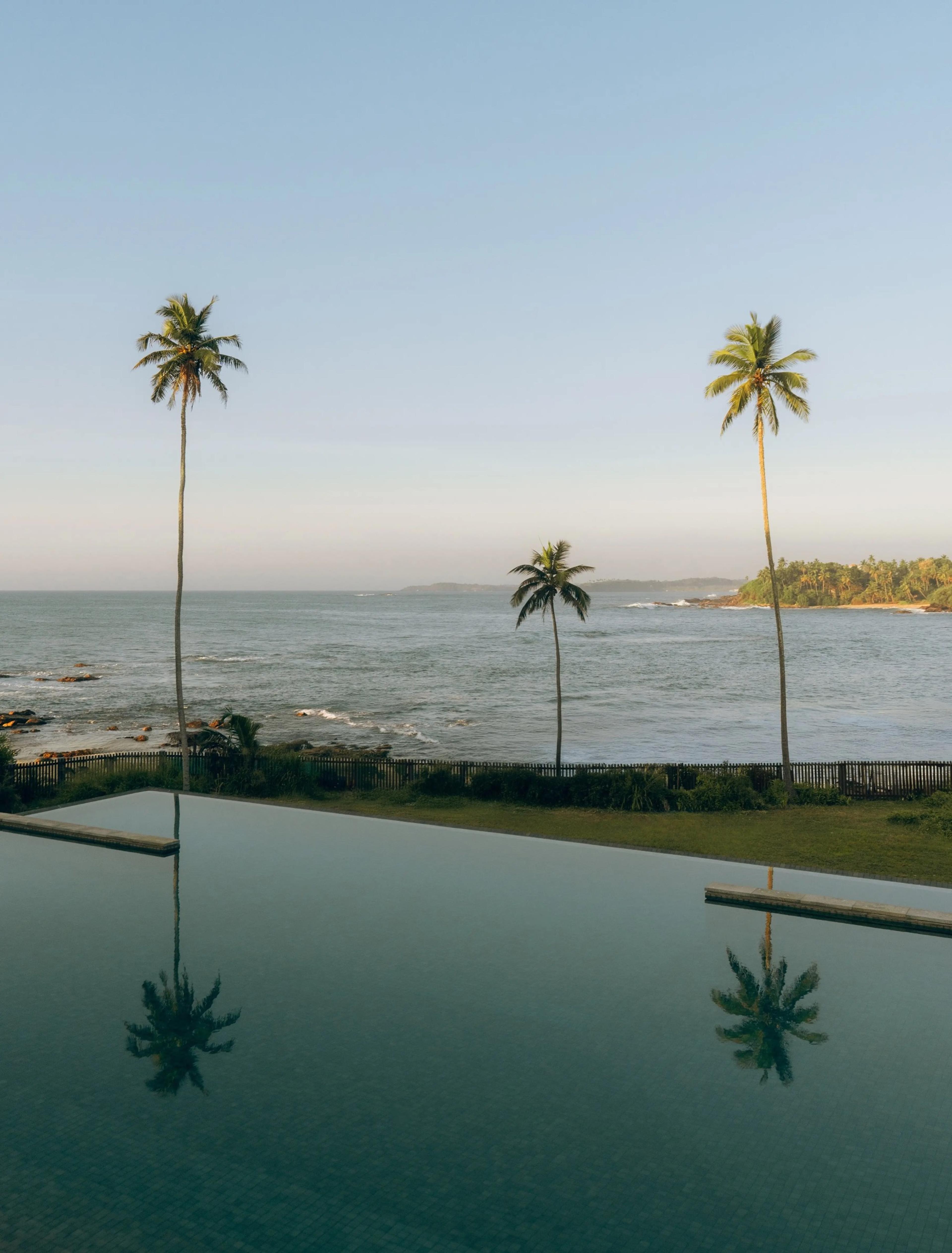 Three palm trees and their reflections beside an infinity pool, with a rocky shoreline and the sea beyond.