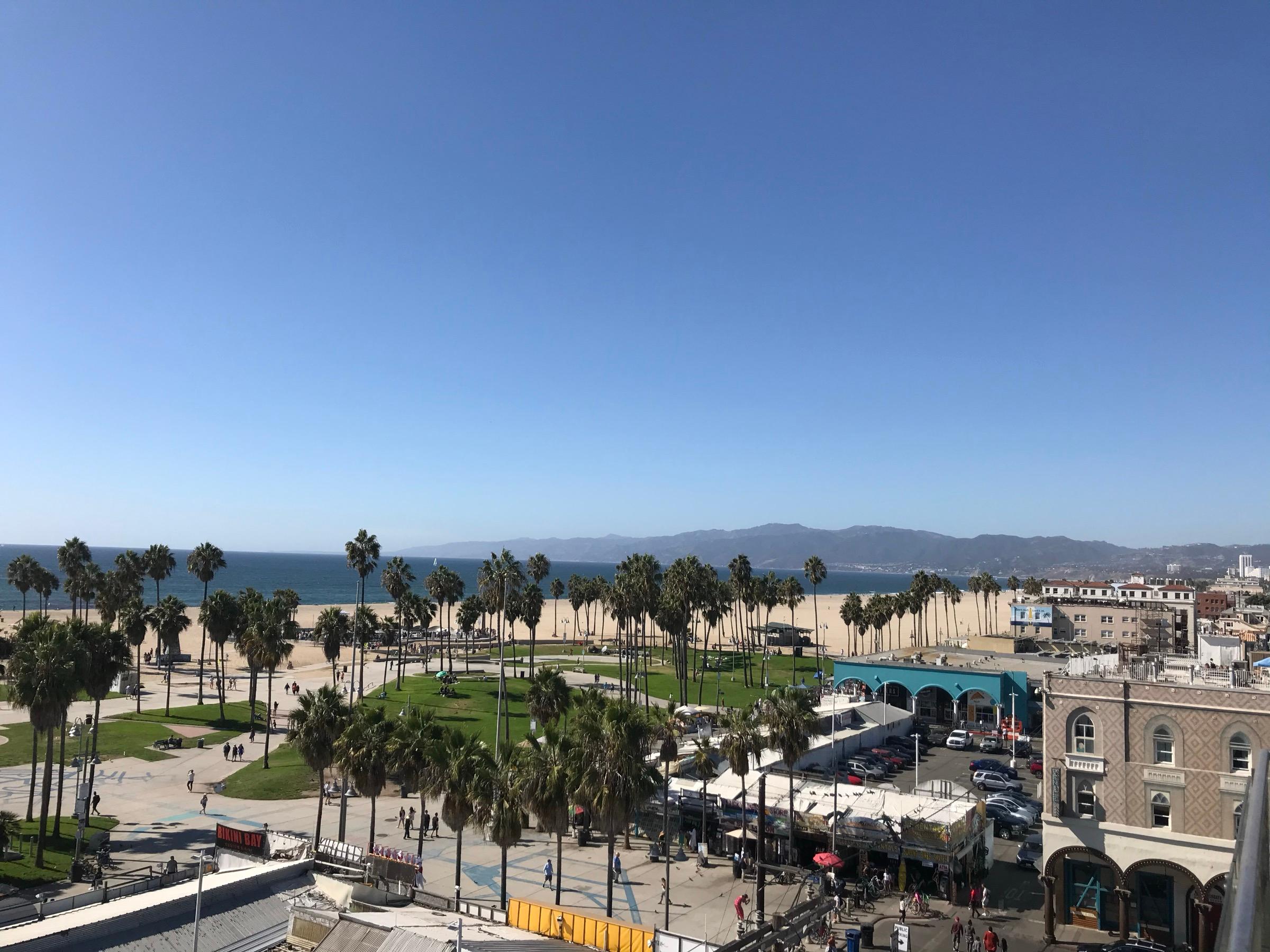 Venice Beach from a rooftop, palm trees over the boardwalk and the park, the Pacific and the Santa Monica Mountains beyond