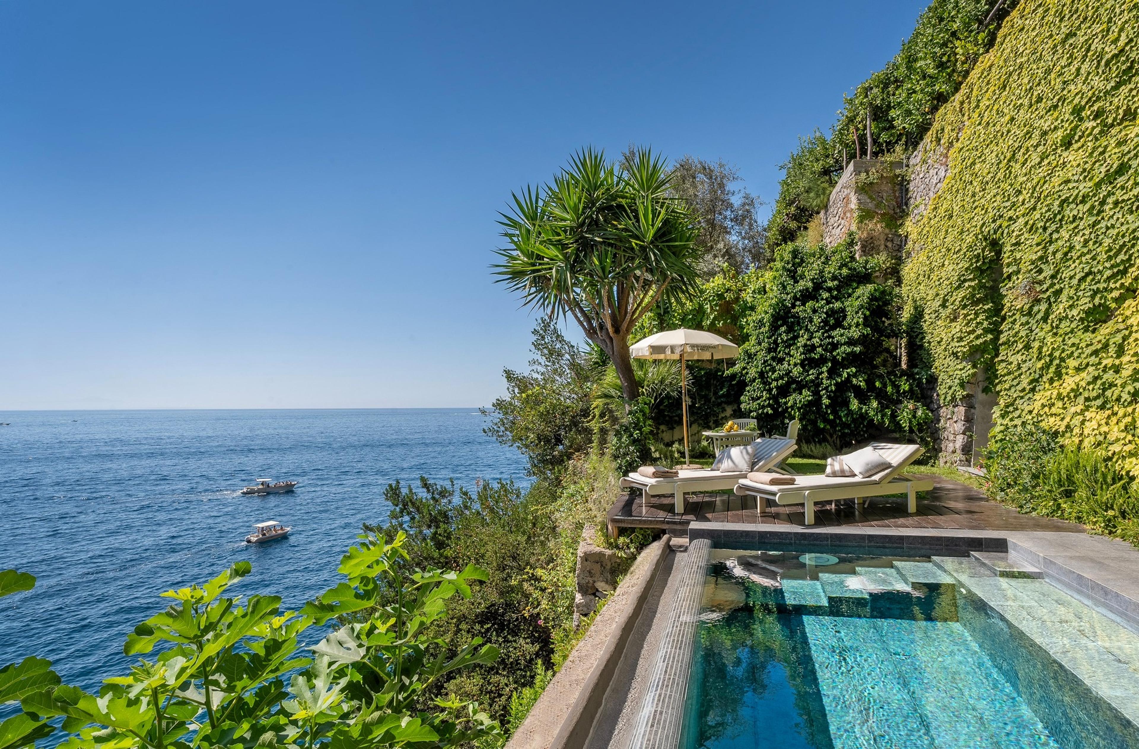 An infinity pool beside loungers and a palm tree, edged by an ivy-covered cliff wall, with boats on the sea beyond.
