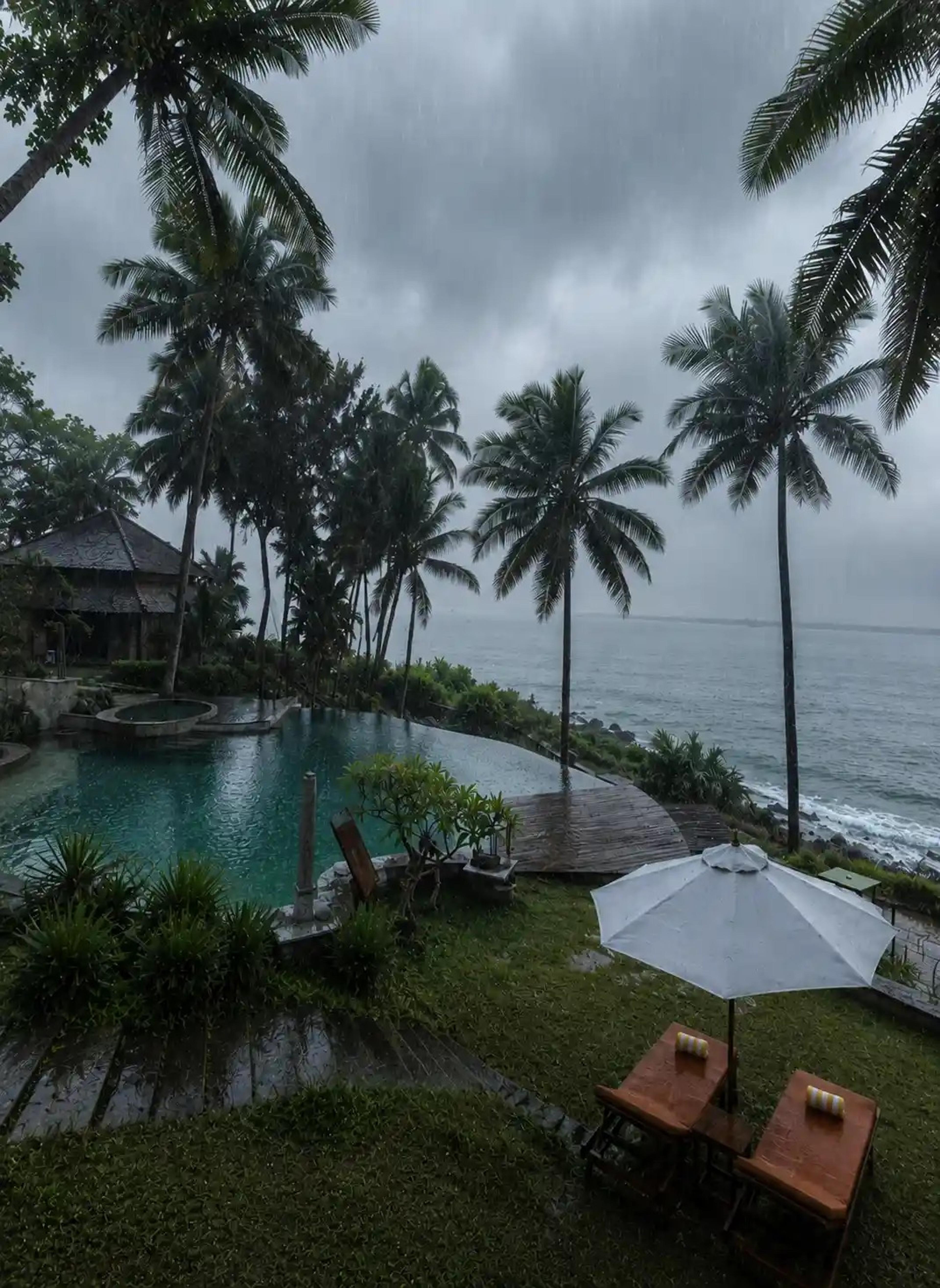 an infinity pool and a circular plunge pool overlooking a beach and the sea, framed by palm trees under a rainy sky