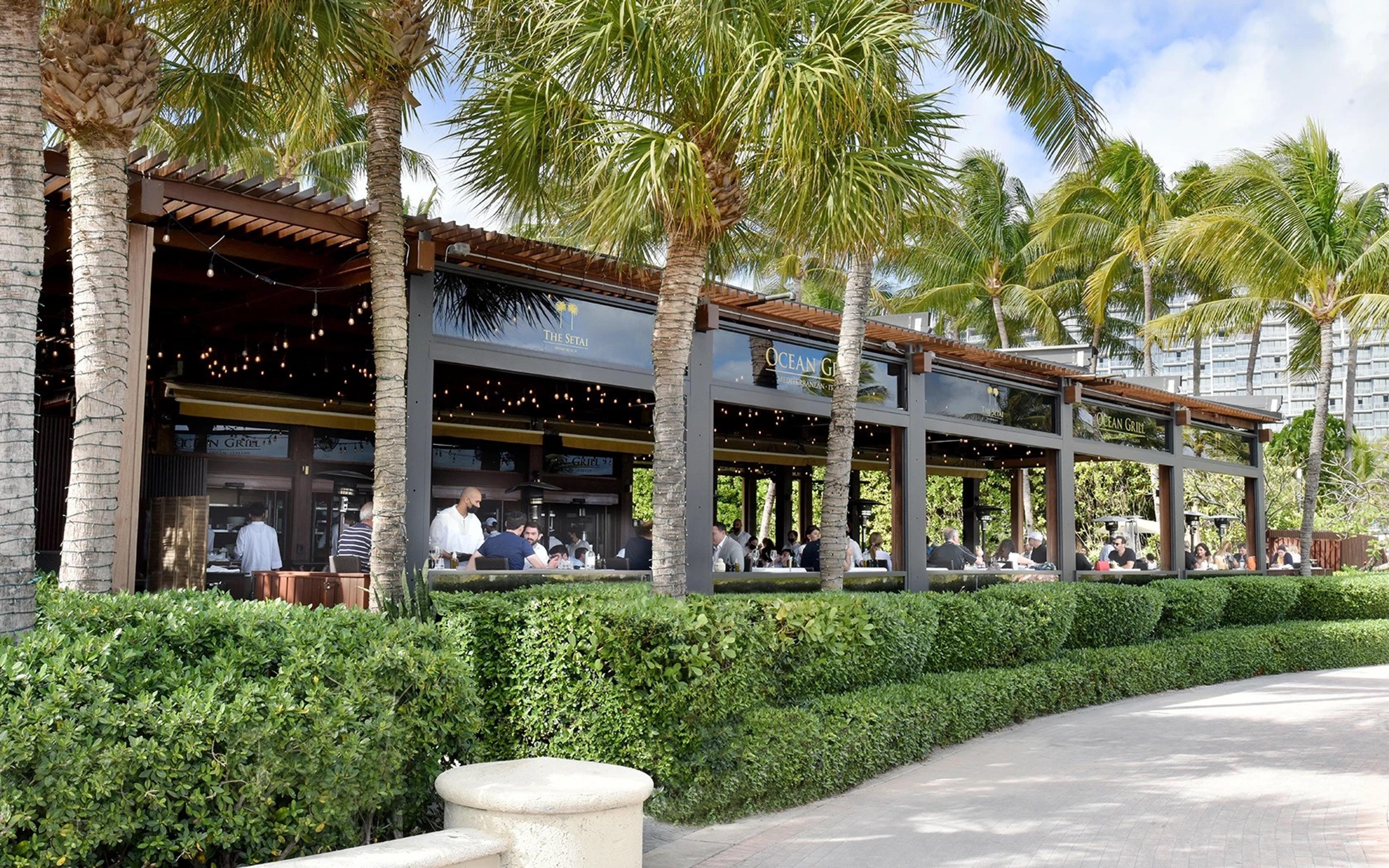 The covered, palm-shaded exterior of the Ocean Grill restaurant by day, with diners seated under string lights and a high-rise beyond.
