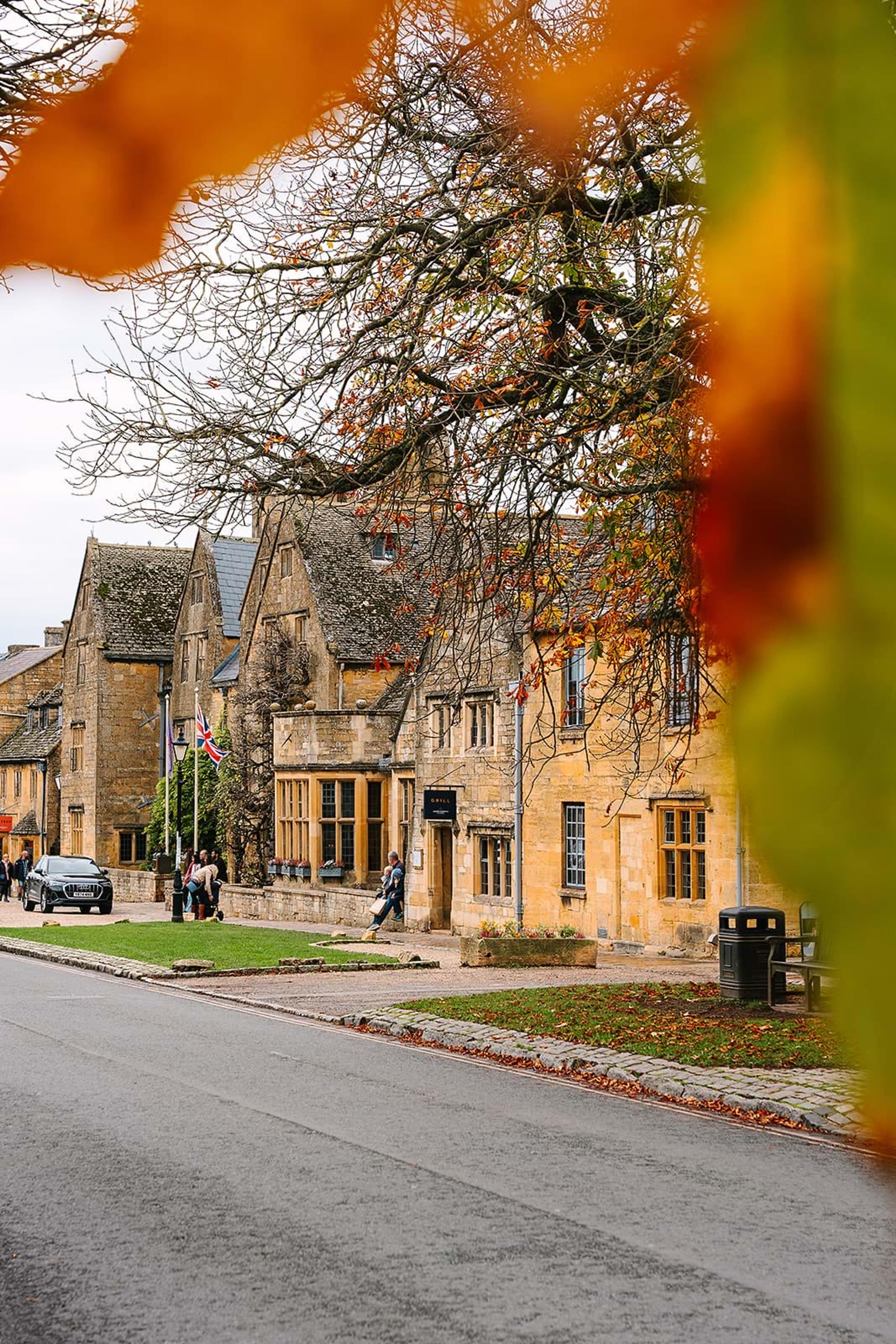 The hotel's stone facade and flagpoles seen from the street past autumn leaves, with one person walking past parked cars.