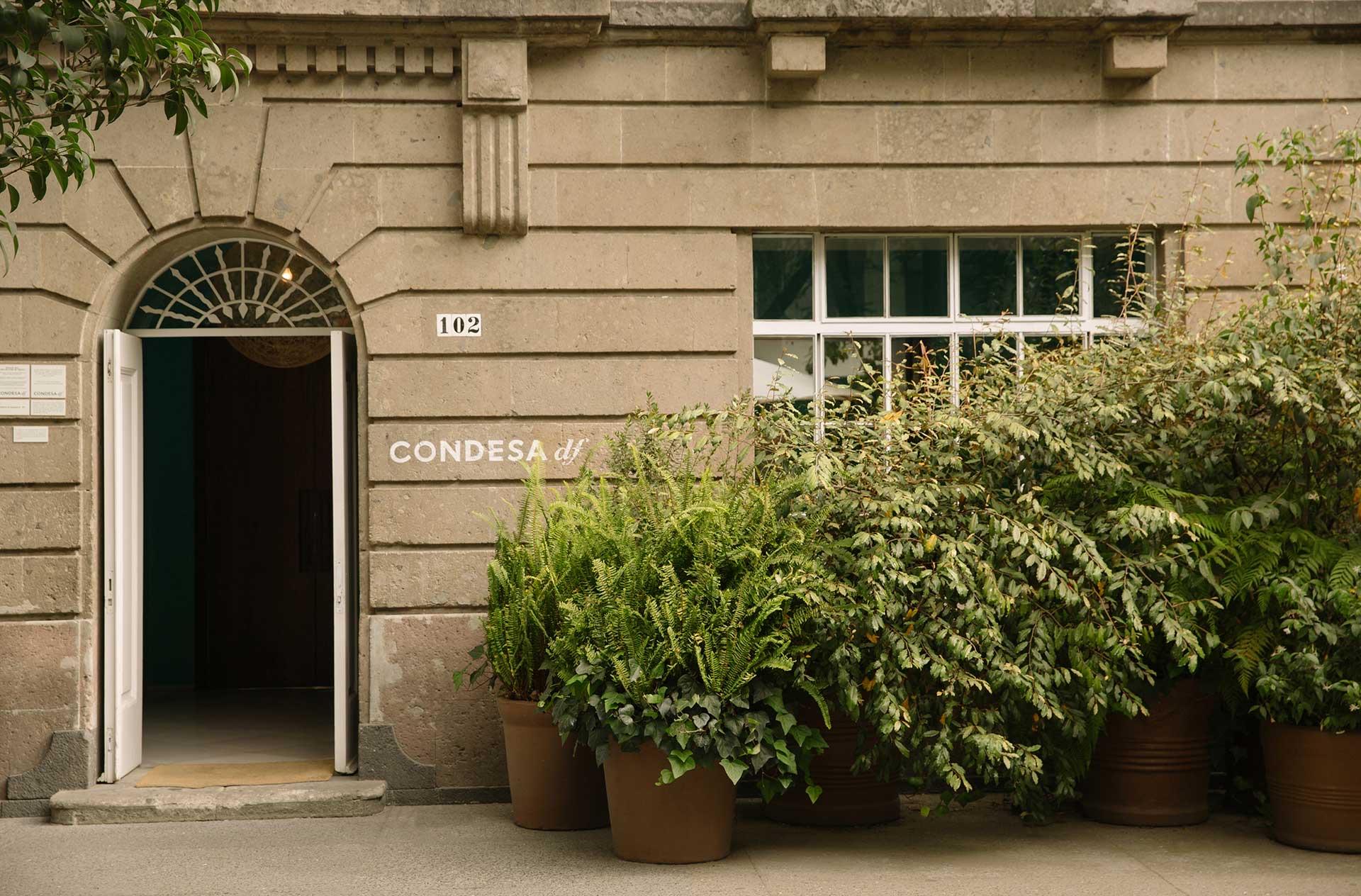 A stone building facade with an open arched doorway, ferns and plants in large pots along the wall, with the hotel name on a sign beside the door.
