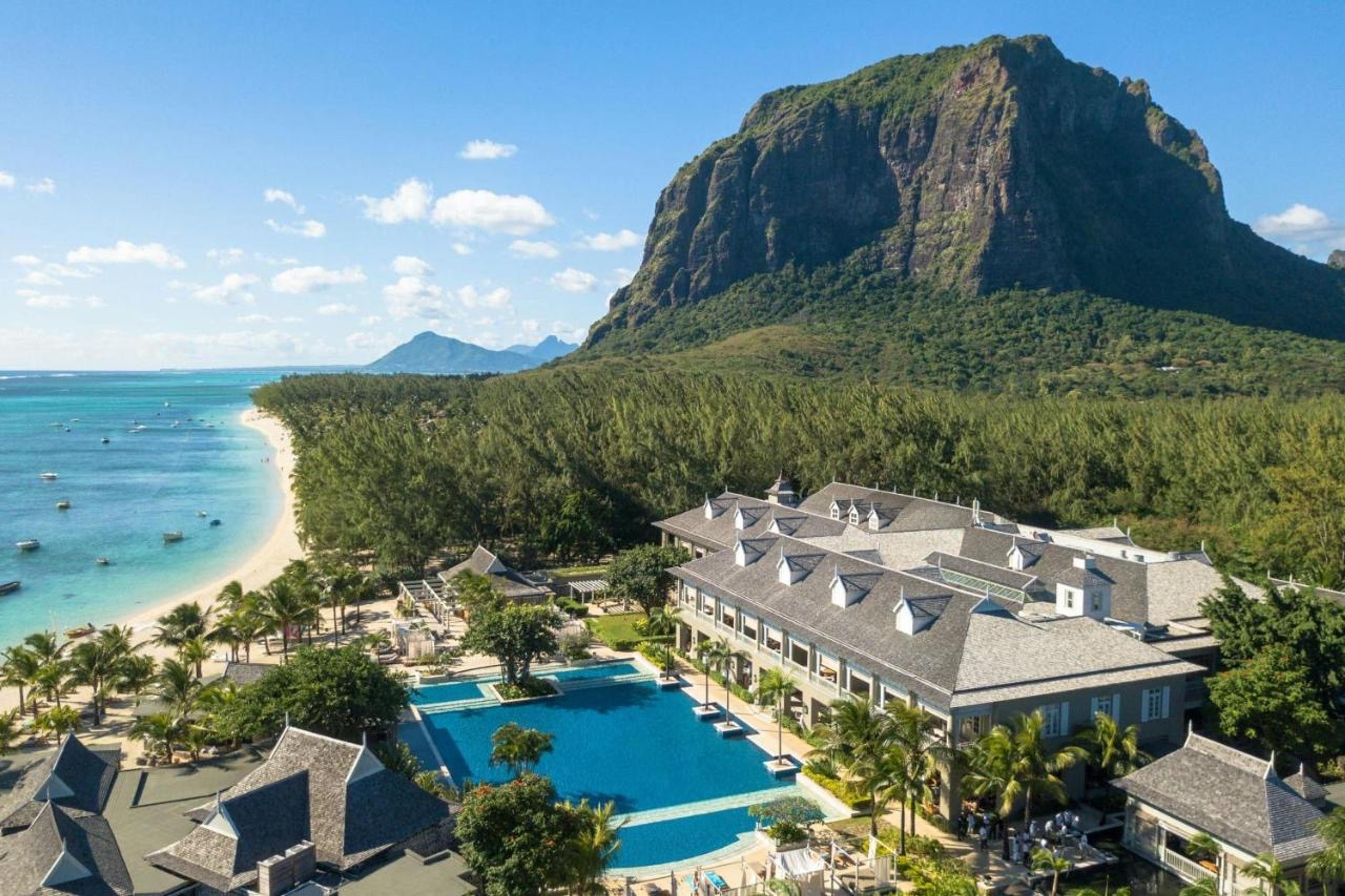 The resort from above on the beach beneath Le Morne mountain