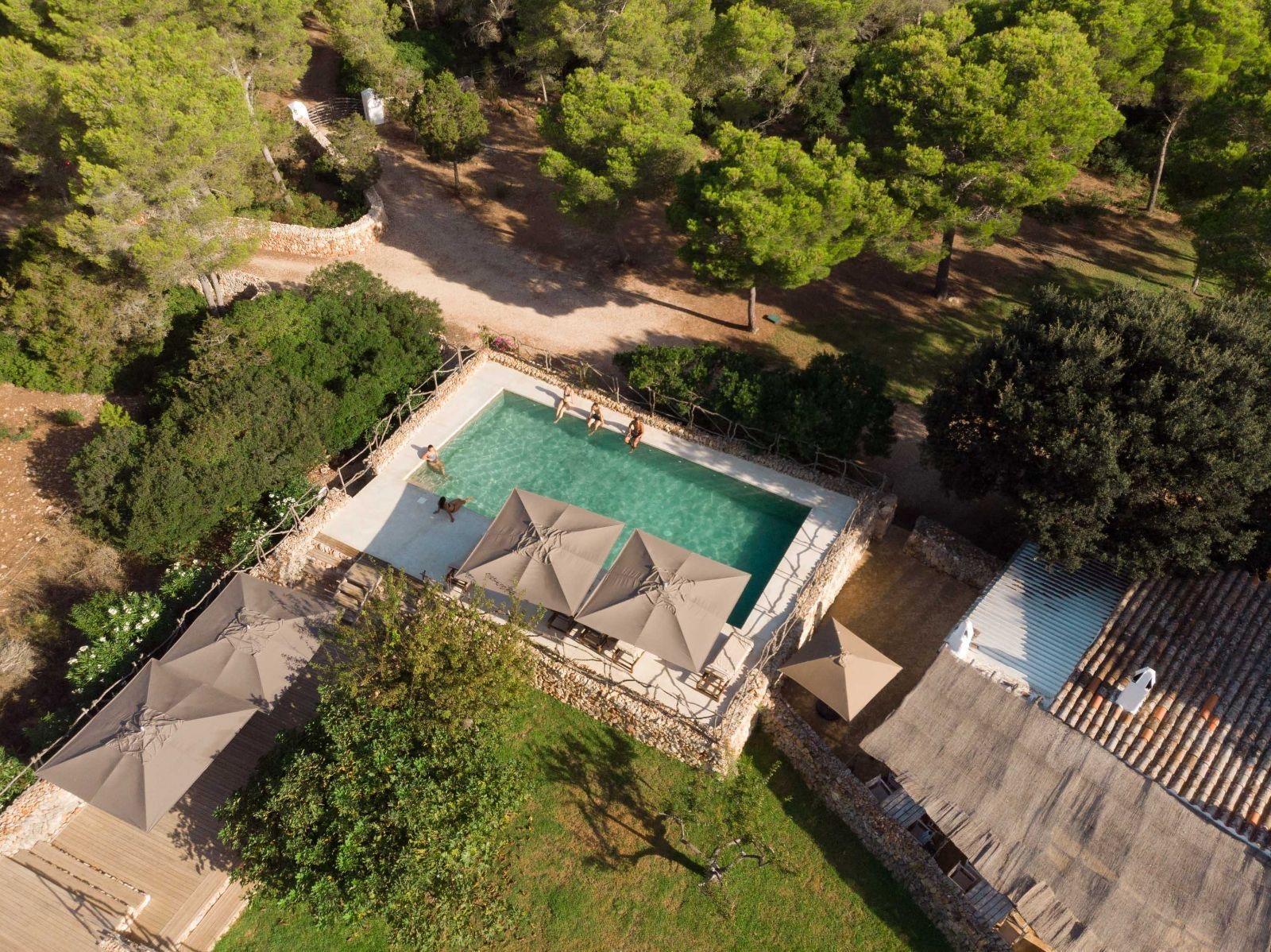 An aerial view of a swimming pool and sun terrace surrounded by pine trees and stone walls, with four people in the water.