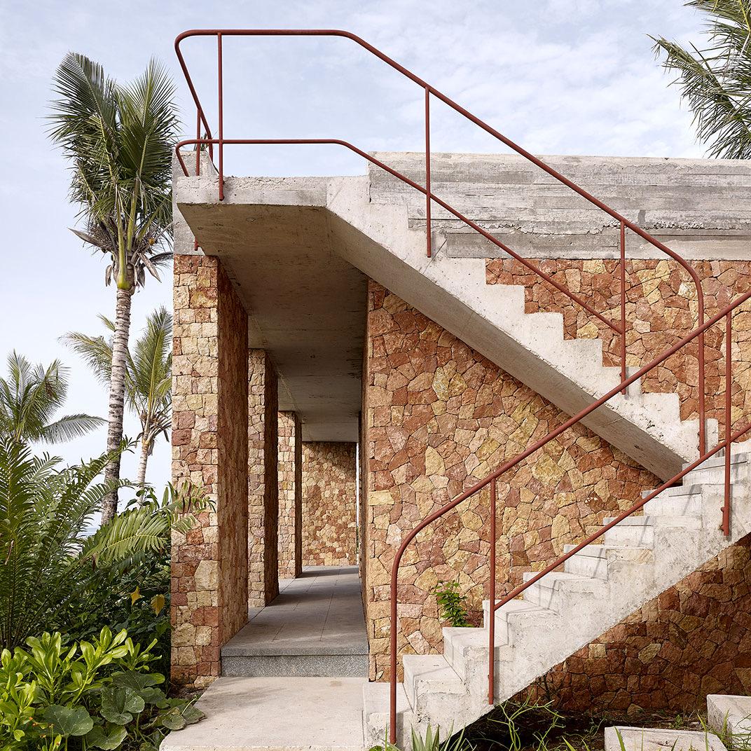 A stone stairway outside one of the lodges
