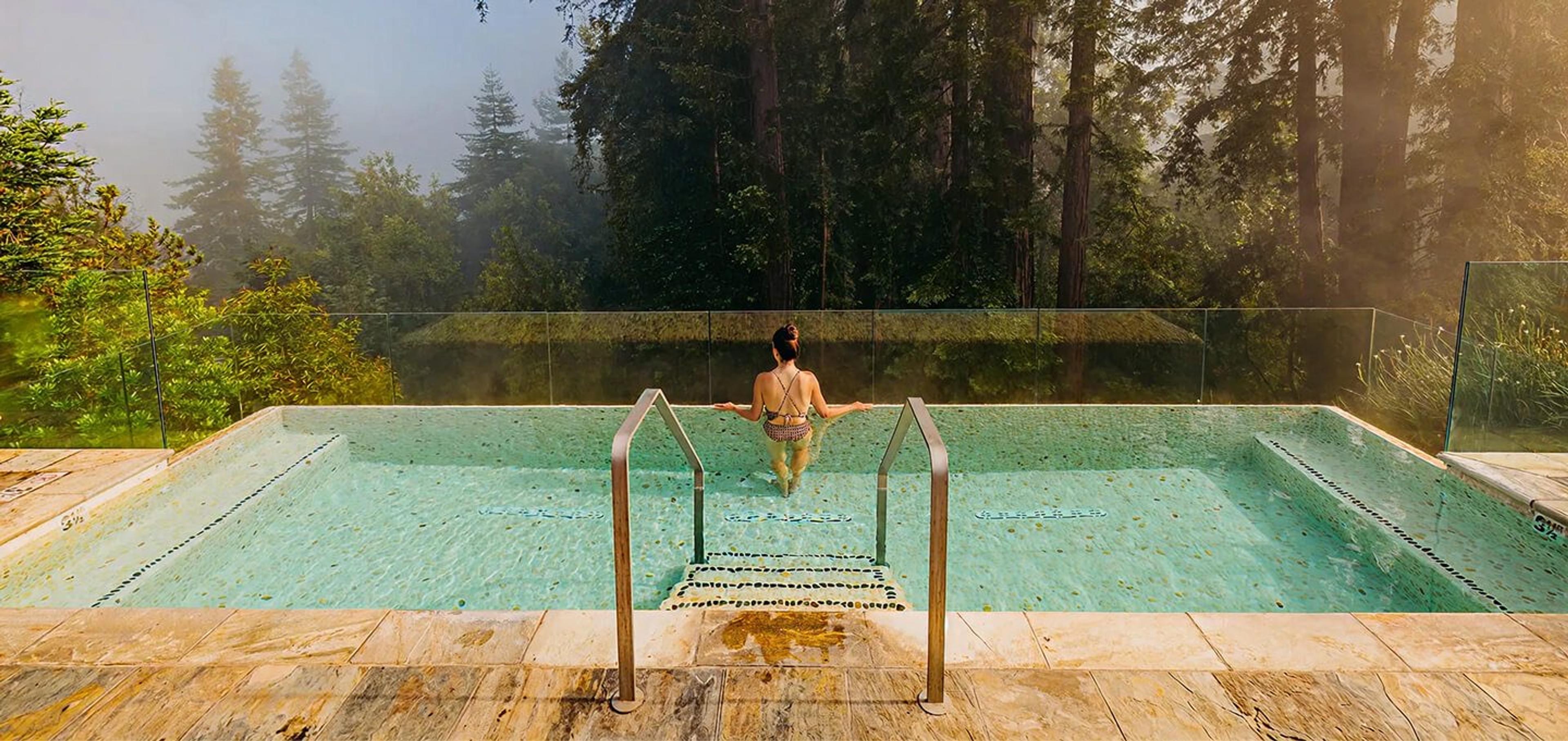 a person standing in a rectangular pool with their back to the camera, facing a glass-edged view of redwood trees, with steps and a handrail in the foreground