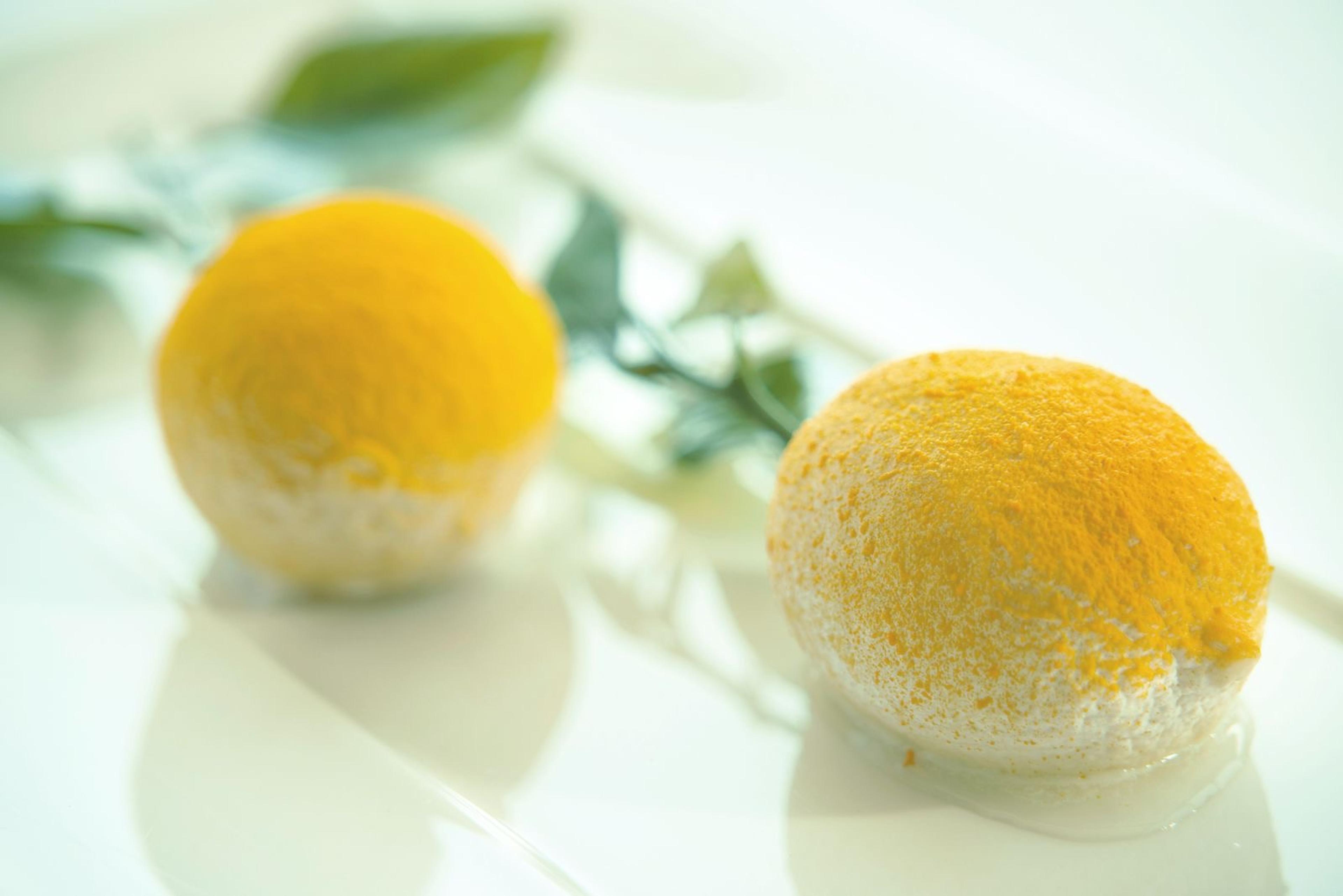 Two scoops of yellow sorbet shaped like whole citrus fruit, plated with a sprig of mint.