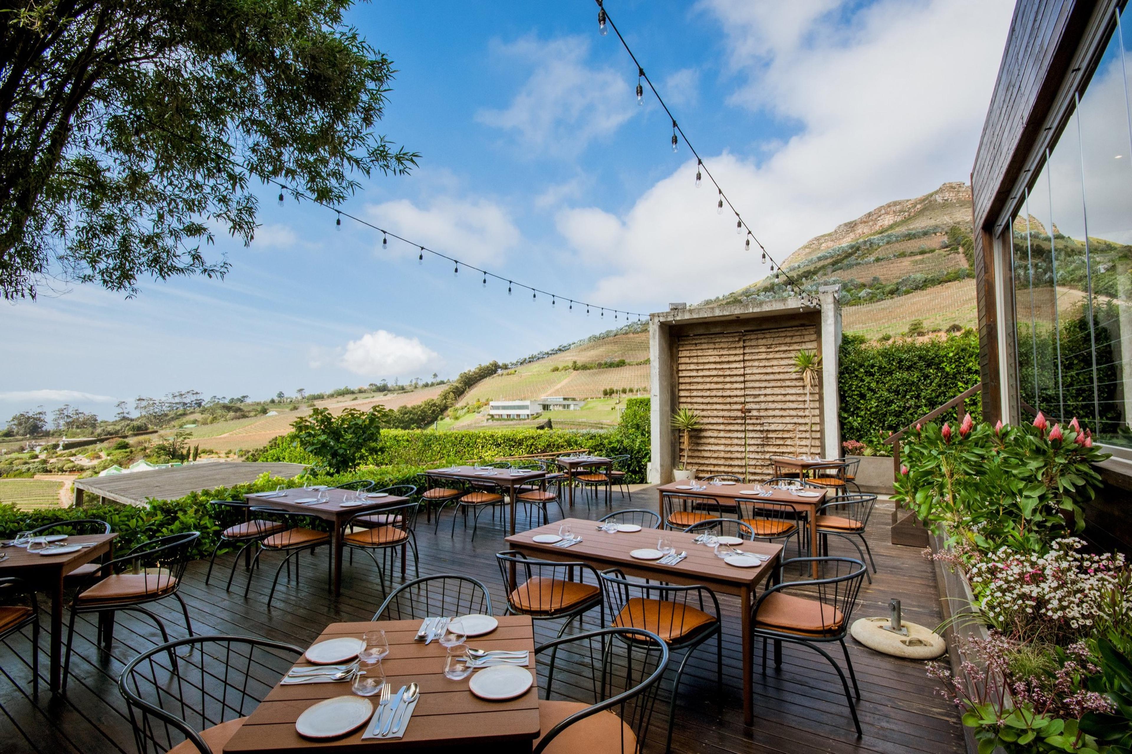 Tables on an open terrace above the vineyards, with hills and blue sky beyond