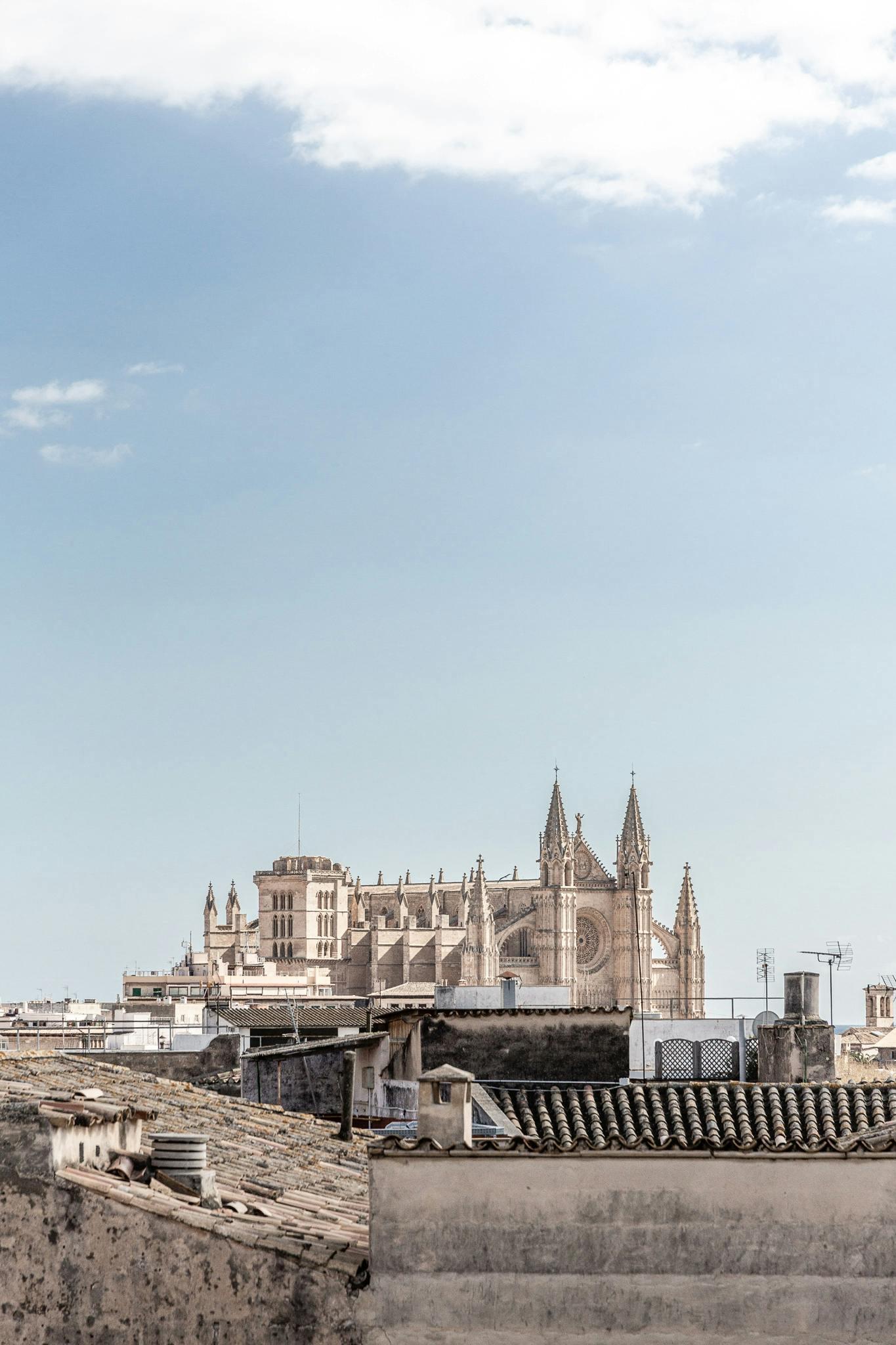 Palma Cathedral's spires and rose window rising above a row of terracotta rooftops, under a blue sky with light cloud.